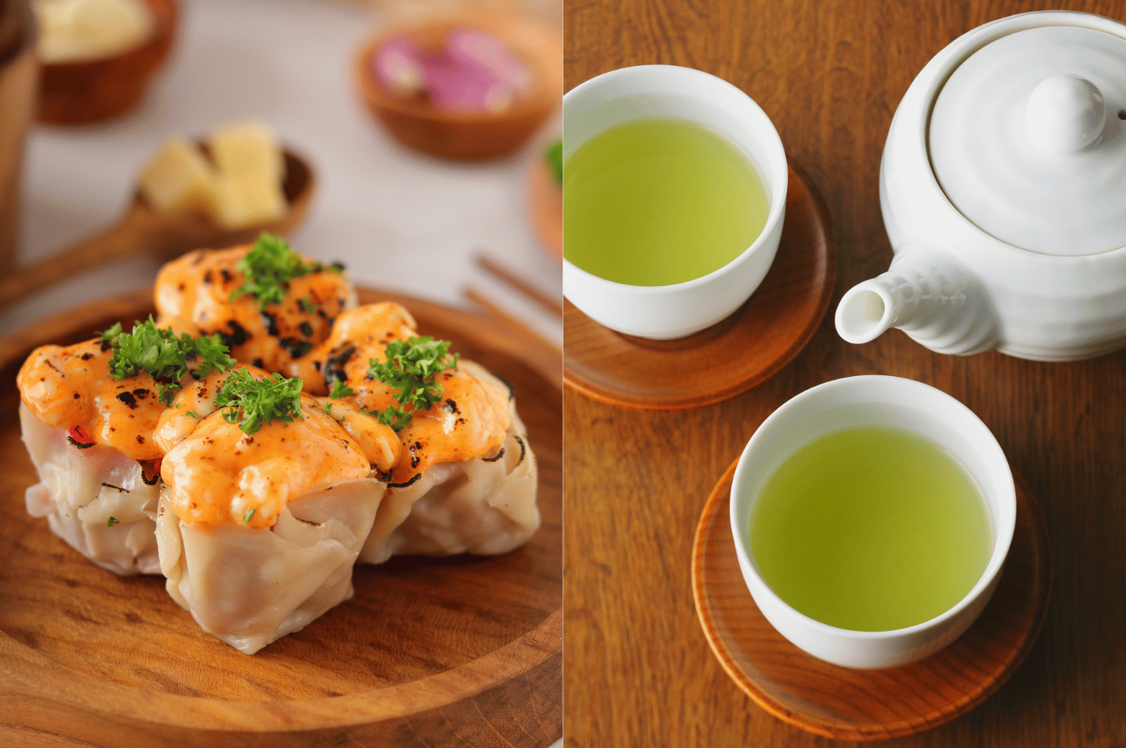 Cantonese-Dimsum- (5) Split image showcasing a refined Cantonese dim sum experience: on the left, six steamed dumplings topped with creamy orange sauce, herbs, and black sesame seeds arranged on a wooden plate; on the right, a minimalist tea set with a white ceramic teapot and two cups of vibrant green tea—evoking the harmony between bold flavors and calming rituals in traditional dim sum culture.