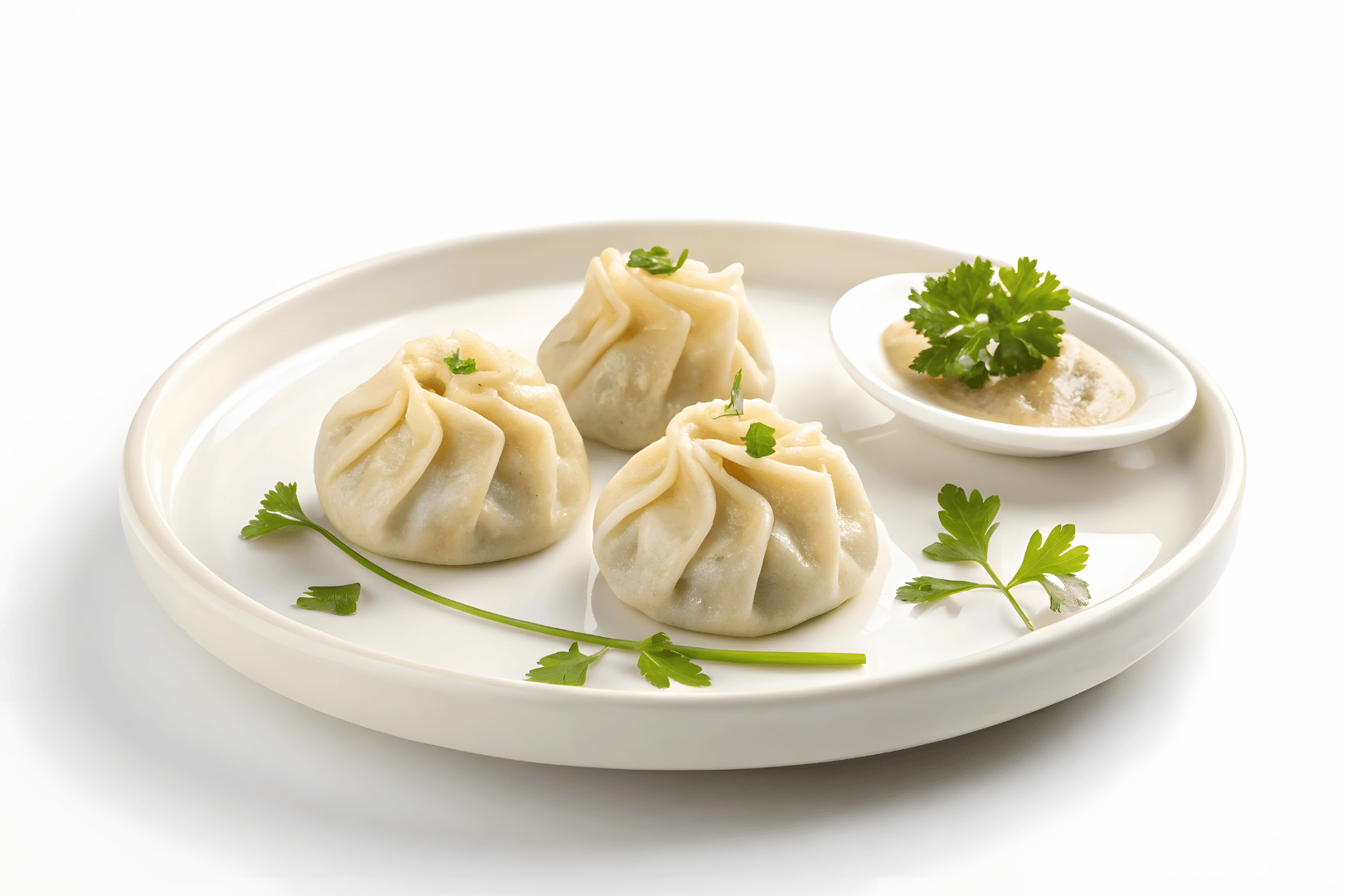 Century-Dumplings- (1) Three handmade steamed dumplings with delicate pleats rest on a white ceramic plate, each topped with a sprig of cilantro. A creamy dipping sauce, also garnished with fresh herbs, sits beside them in a small dish. The minimalist presentation evokes timeless culinary craftsmanship, bridging century-old dumpling techniques with modern plating aesthetics.