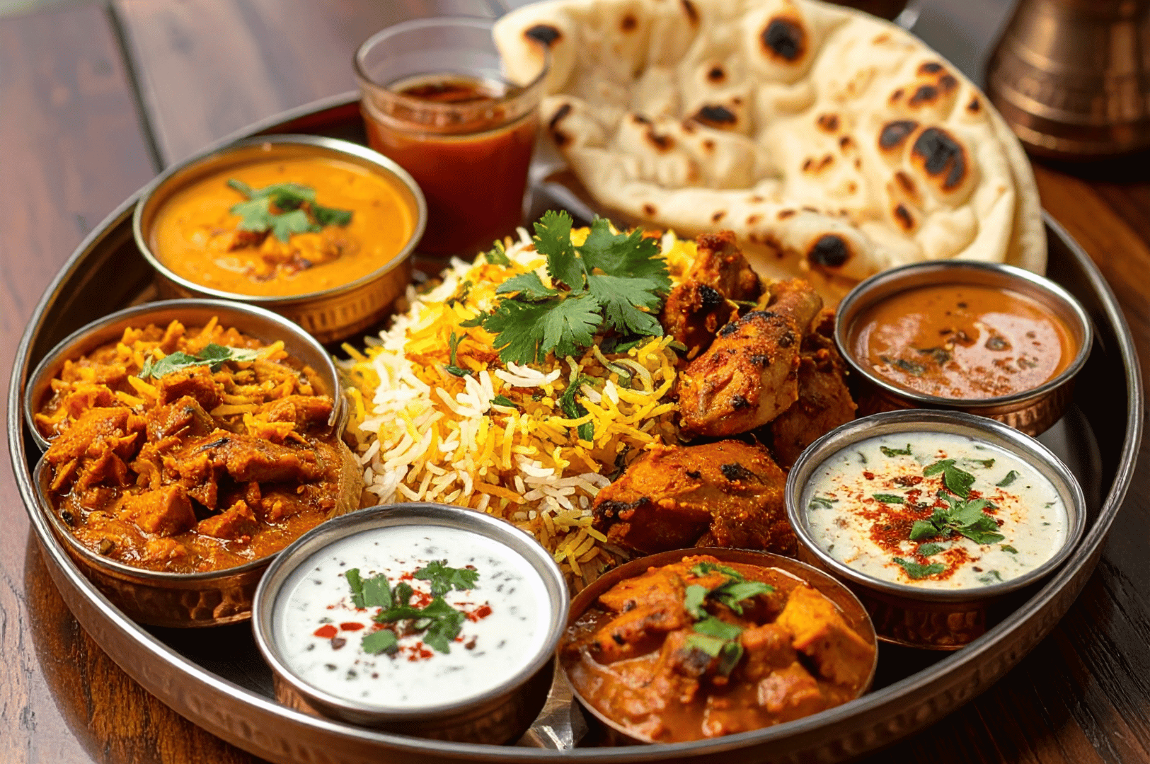 Gujarati-Thali- (3) Opulent Indian thali arranged on a polished metal platter, featuring biryani rice crowned with grilled chicken, surrounded by rich curries—paneer butter masala, lentils, spiced yogurt raita, and dark gravy dishes. Naan bread, papad, and a glass of masala chai complete the ensemble, offering a bold, spice-laden contrast to Gujarat’s typically plant-based thali traditions
