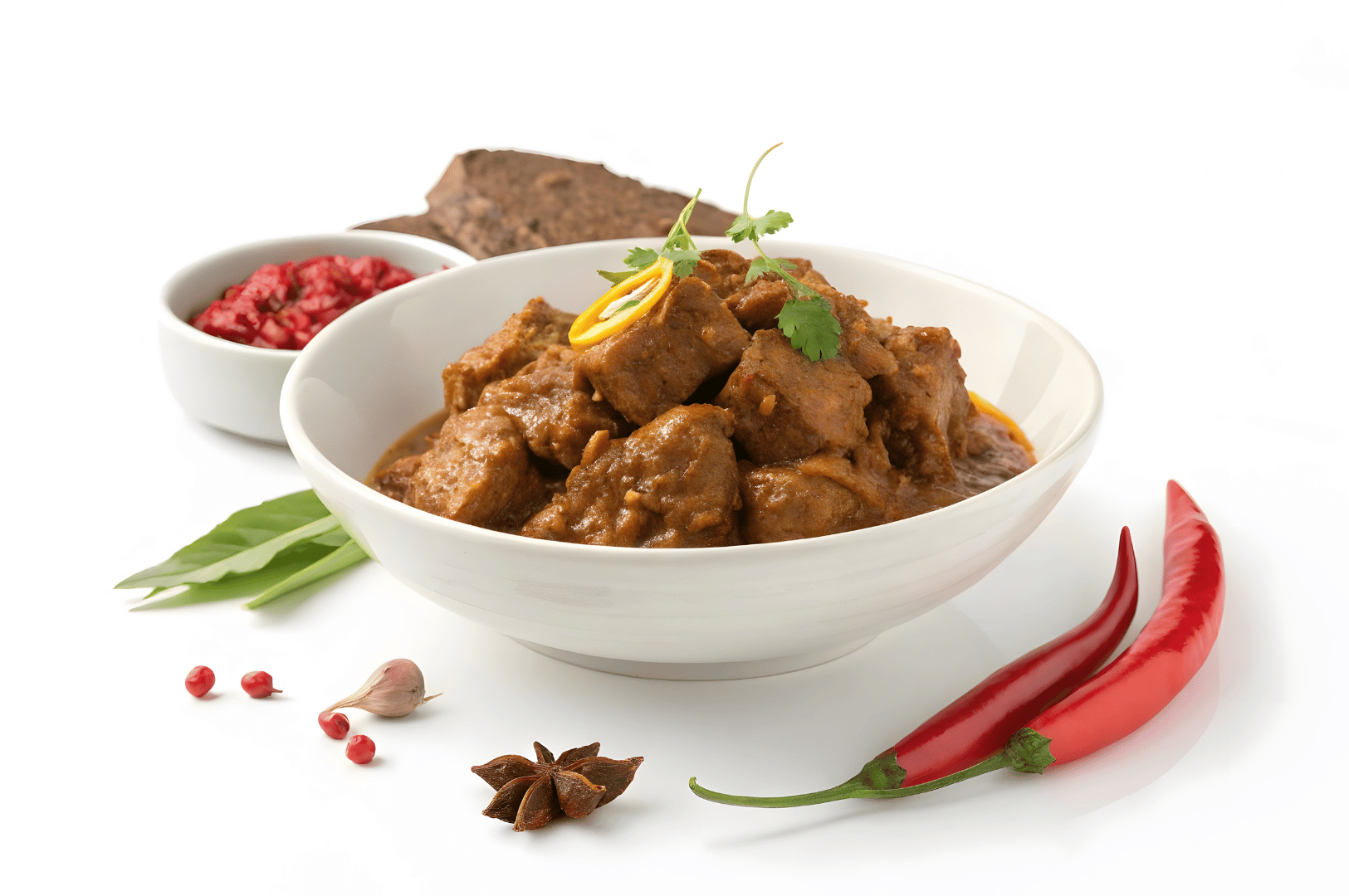 Modern interpretation of Padang beef rendang plated in a minimalist white bowl, its tender meat bathed in rich, caramelized coconut curry. A sprig of cilantro and twist of lemon peel add brightness, while surrounding spices—star anise, red chilies, garlic, pink peppercorns, and bay leaves—evoke the dish’s layered complexity. A crisp flatbread in the background hints at regional pairings, framing rendang as both heritage and haute cuisine.