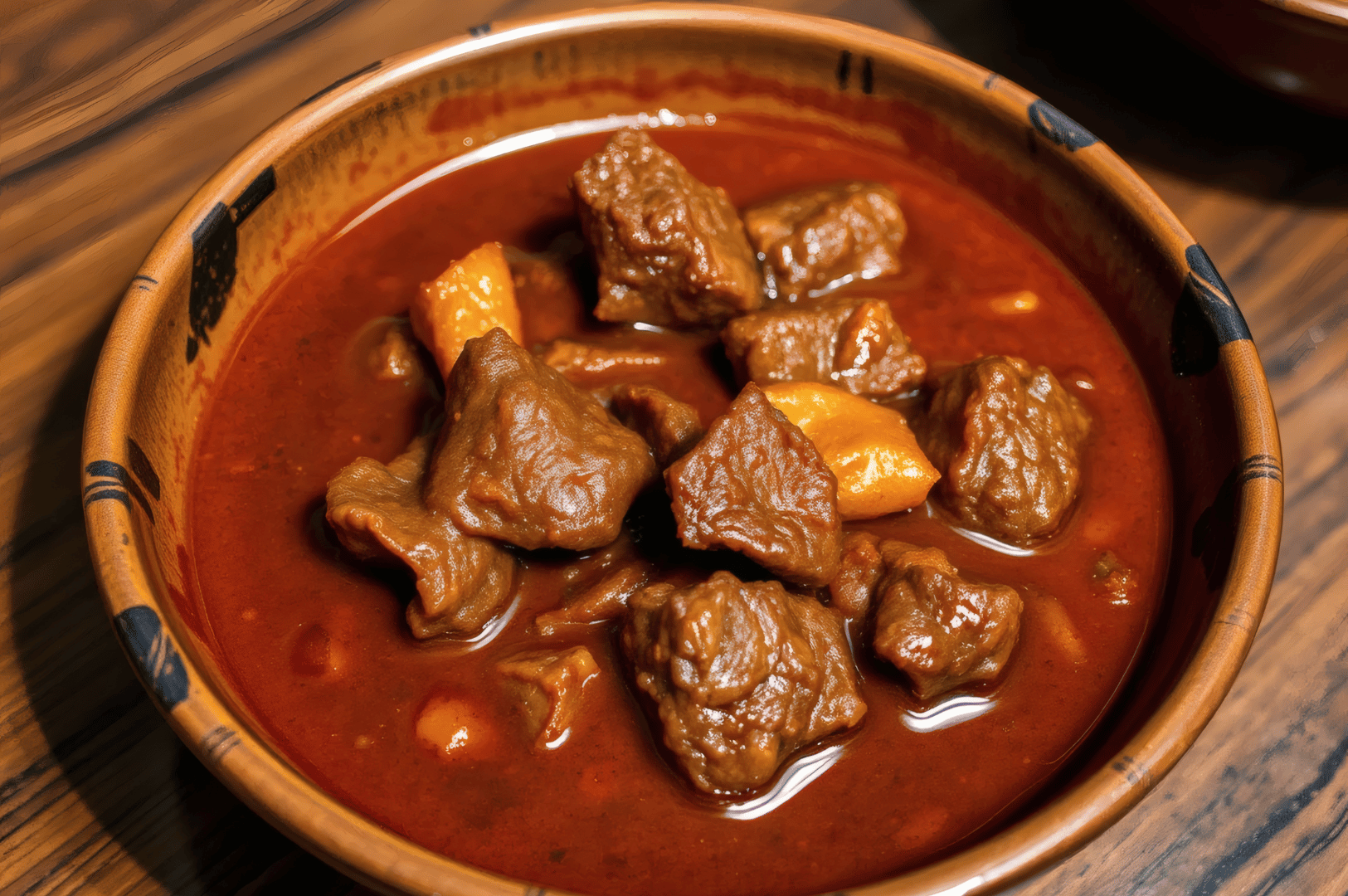 Hearty bowl of home-style beef rendang stew with tender meat and golden potatoes immersed in a rich, reddish-brown coconut broth. Served in a ceramic bowl with a decorative rim atop a wooden surface, the dish evokes the comforting depth of slow-cooked tradition—bridging Padang’s festive rendang with its humble, nourishing roots.
