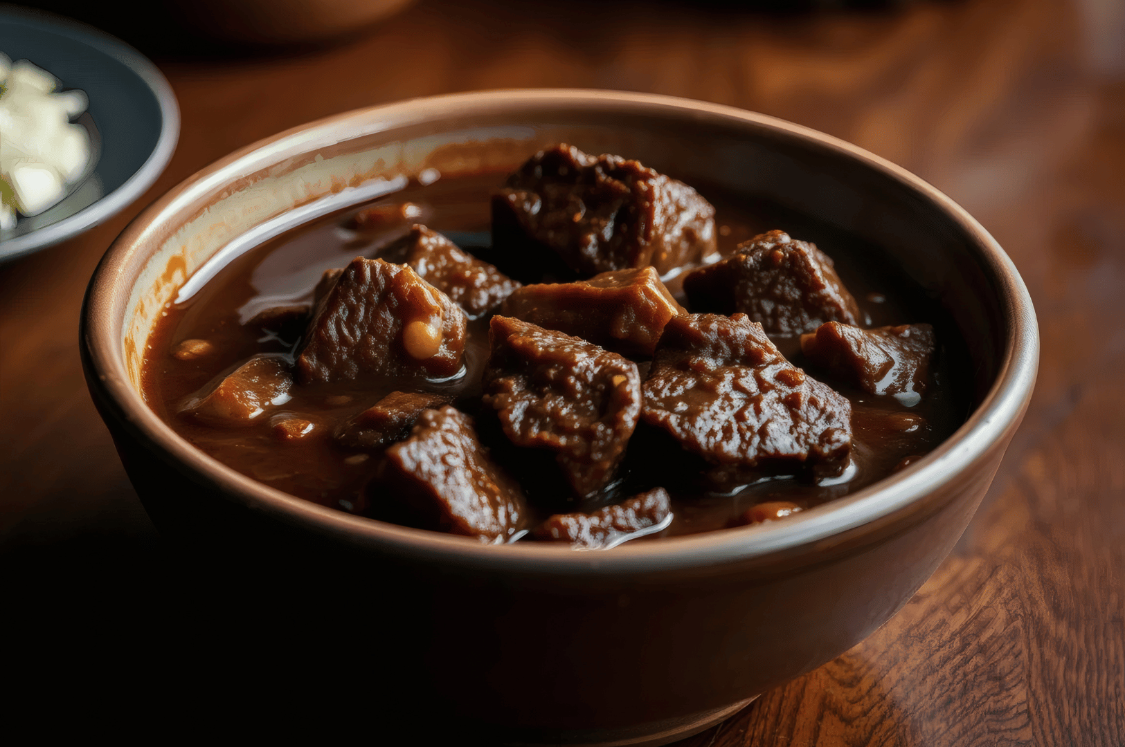 Rustic bowl of Padang beef rendang in thick, glossy coconut gravy, with tender meat nestled in a rich brown sauce. Set on a wooden surface beside a hint of background garnish, the dish evokes the quiet depth of home-cooked tradition—where time, patience, and ancestral technique converge in everyday comfort.