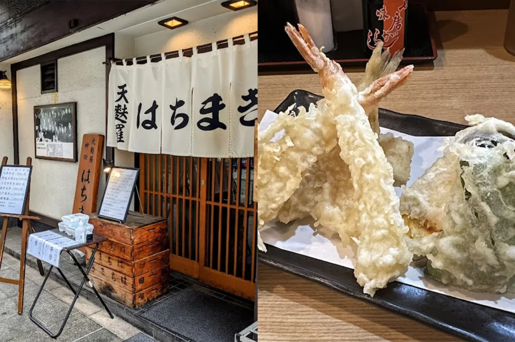The traditional noren curtain entrance of Hachimaki Tempura in Kanda, paired with a plate of crispy, golden-fried shrimp and vegetable tempura.