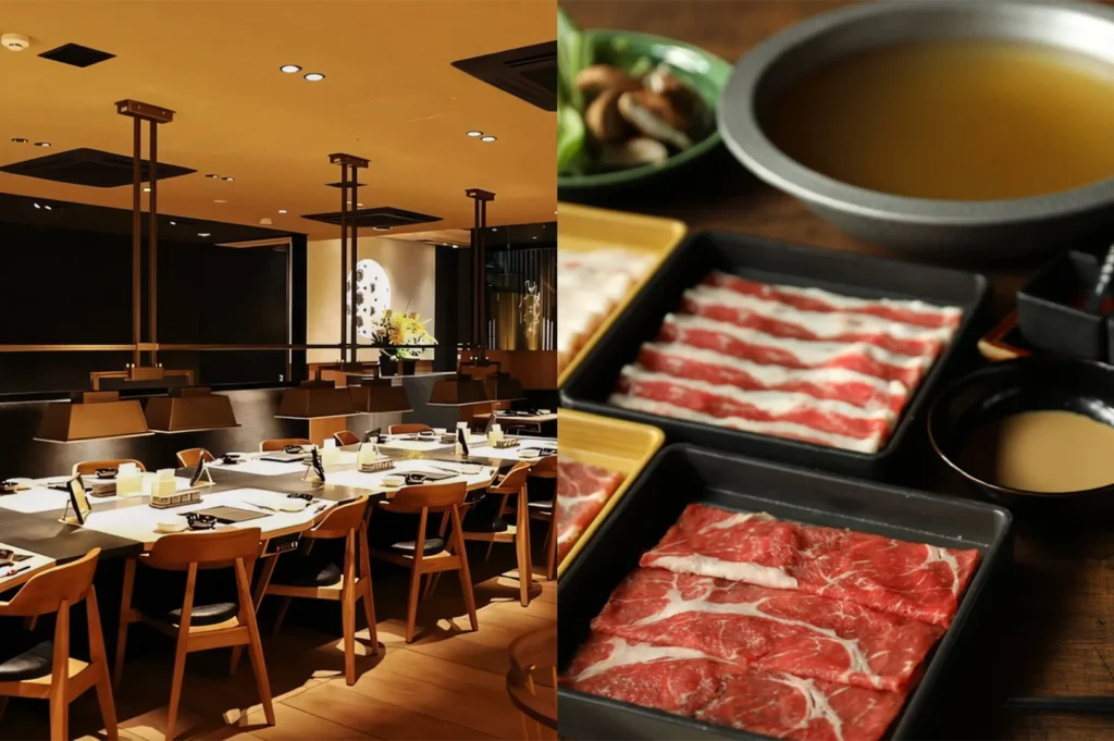 Interior of a sleek, modern Japanese shabu-shabu restaurant with individual induction burners and a platter of thinly sliced premium marbled beef.