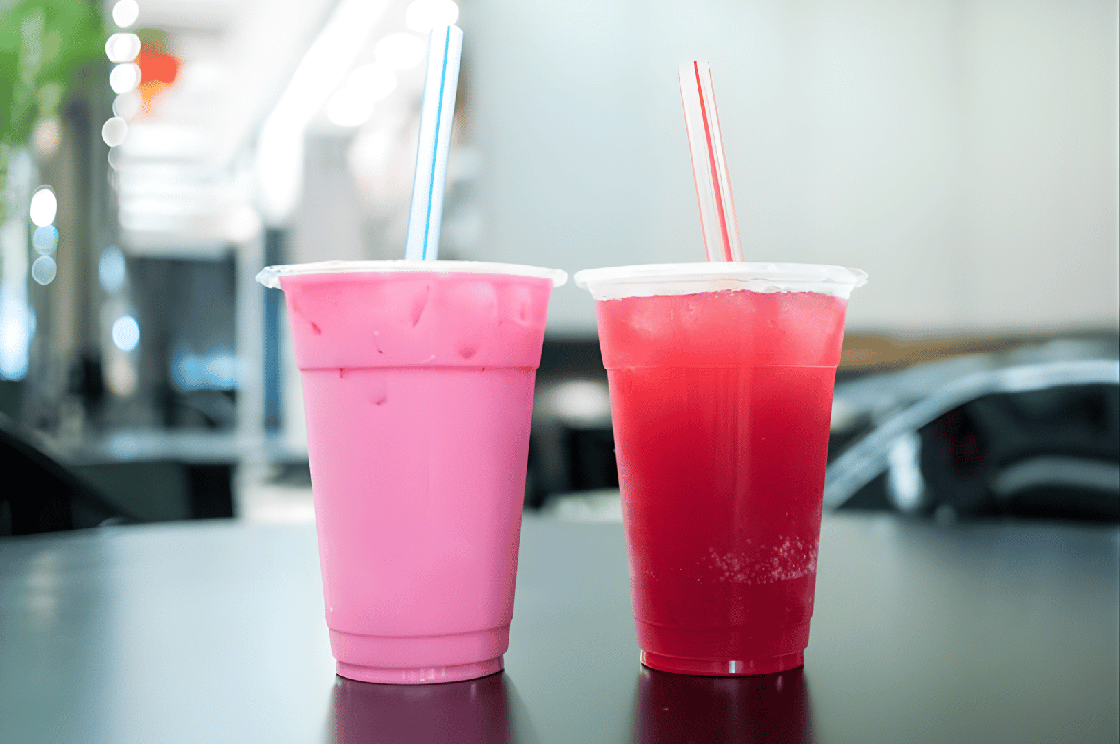 Two iced Bandung drinks in plastic cups—one pink, one red—served with striped straws on a dark tabletop, highlighting Singapore’s vibrant rose syrup milk tradition.
