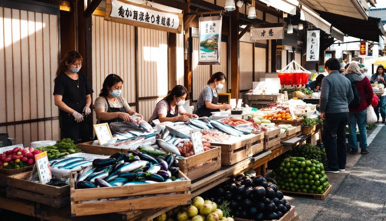 The image depicts a vibrant traditional Japanese market scene, bustling with vendors selling fresh fish and an array of seasonal vegetables. The atmosphere is filled with rich aromas of Japanese cuisine, showcasing ingredients used in popular Japanese dishes such as grilled fish and deep fried pork cutlets.