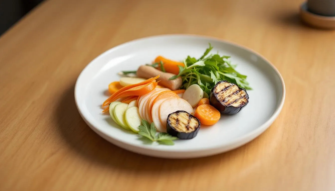 The image showcases an elegant traditional Japanese kaiseki meal, beautifully presented with an array of seasonal vegetables and artistic plating. This exquisite display highlights the artistry of Japanese cuisine, emphasizing the careful preparation and vibrant colors of the dishes.