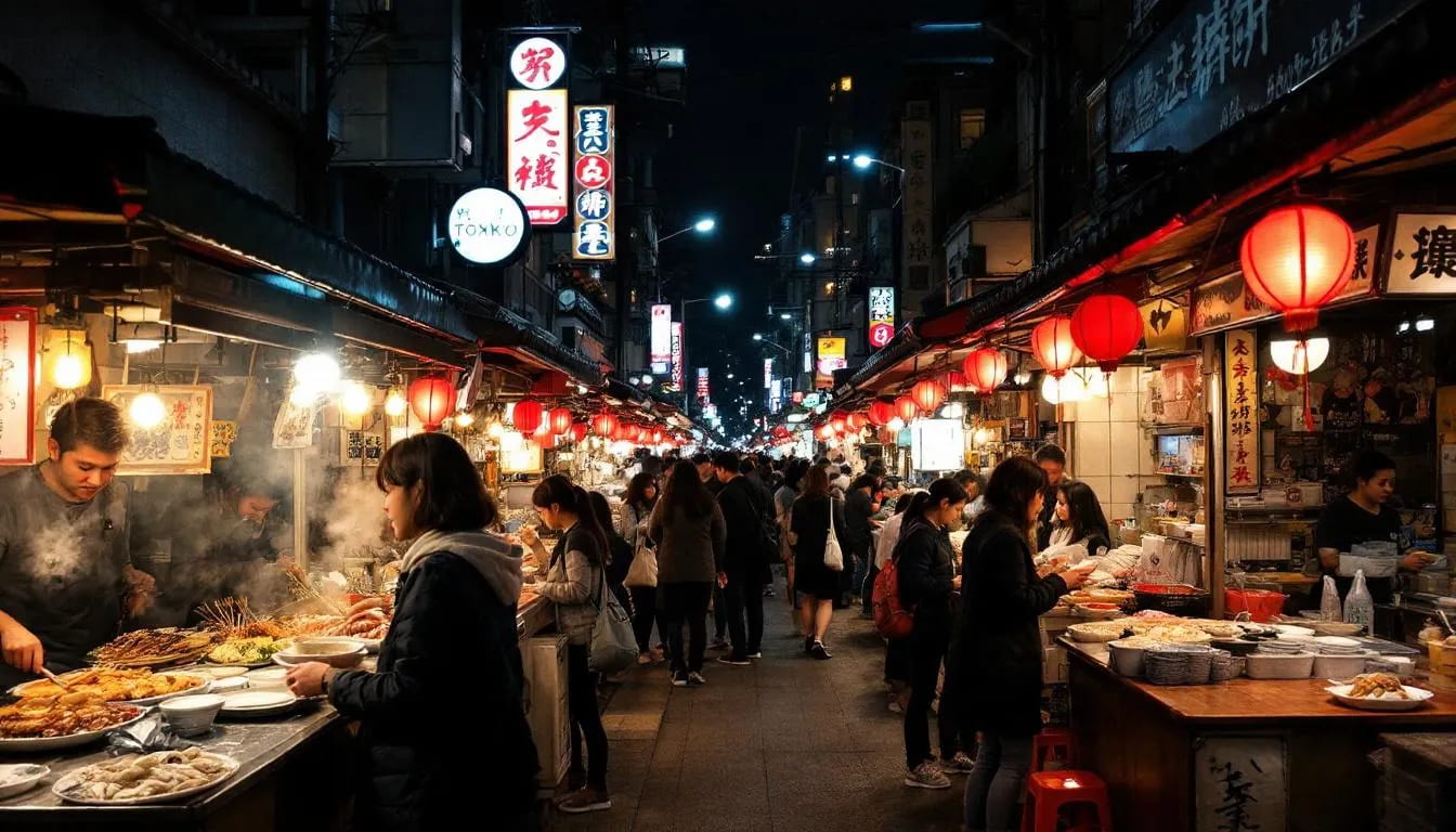 A vibrant Tokyo street food market at night features numerous food stalls illuminated by red lanterns, offering a variety of traditional Japanese dishes like deep fried pork cutlets, grilled fish, and savory pancakes. The bustling atmosphere is filled with enticing aromas of Japanese cuisine, creating a lively dining experience in the heart of Japanese culture.