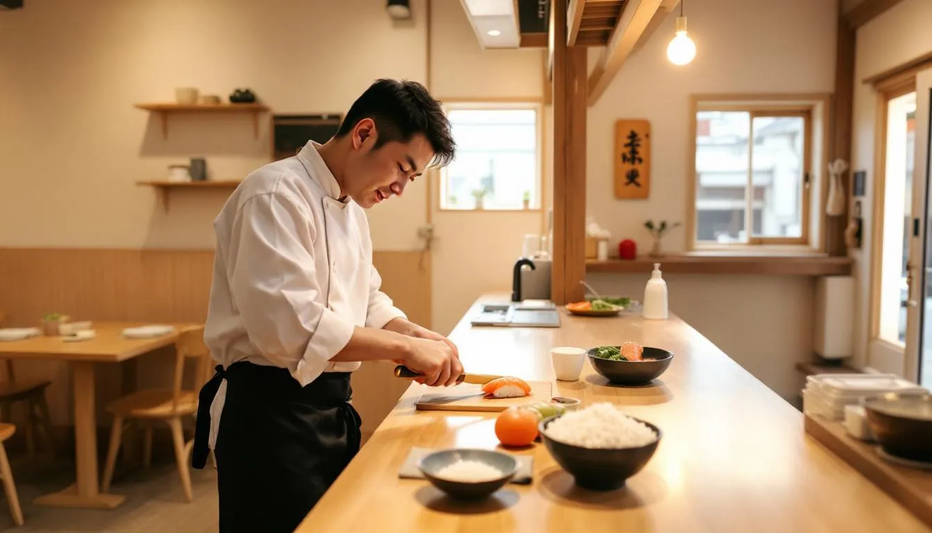 A traditional Japanese chef is skillfully preparing sushi at a small neighborhood restaurant, featuring wooden counters adorned with fresh ingredients like raw fish and sushi rice. The atmosphere reflects authentic Japanese cuisine, showcasing the art of sushi-making in a cozy setting.