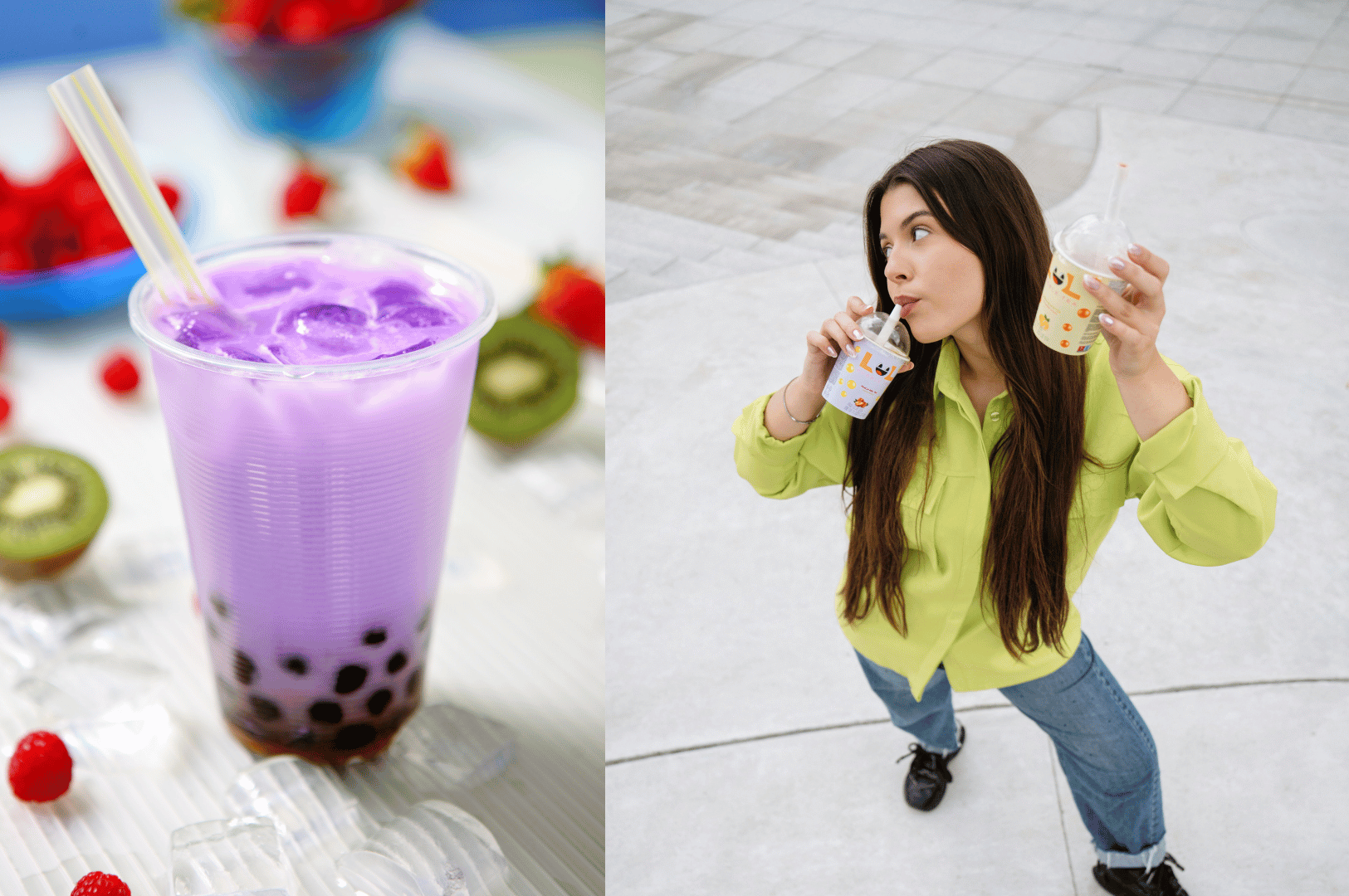 Split image showing a vibrant purple bubble tea with tapioca pearls and fresh fruits on one side, and a person playfully holding two bubble teas outdoors on the other, highlighting both the crafted drink and its joyful global culture.