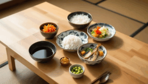 The image depicts a traditional Japanese meal featuring multiple small dishes arranged beautifully on a wooden table, showcasing a variety of Japanese cuisine such as miso soup, sushi rice, and pickled vegetables. Each dish reflects the rich flavors of Japanese food culture, emphasizing the art of presentation and the diversity of traditional Japanese foods.