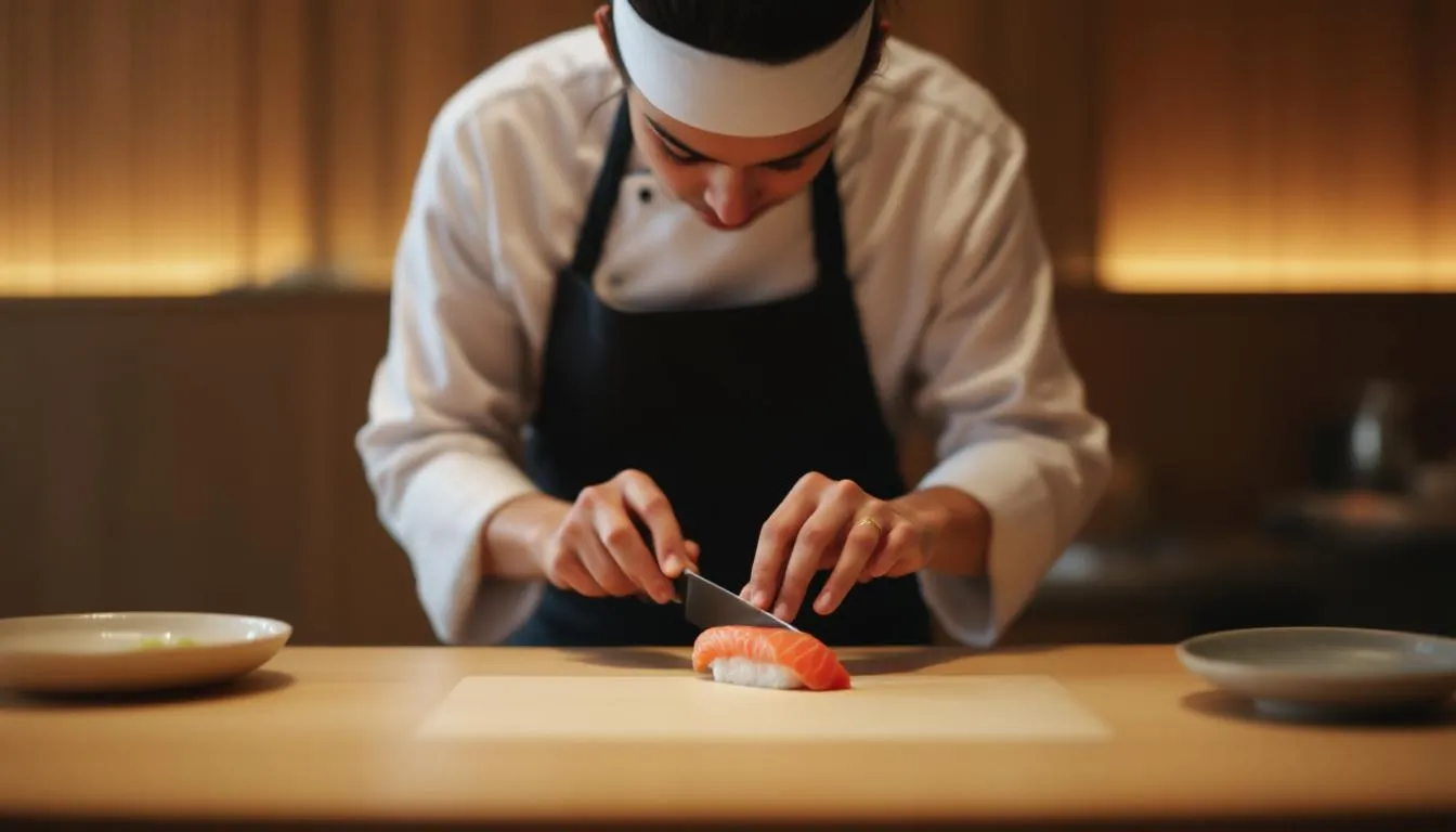 Food In Japan - 11 A skilled sushi chef is meticulously preparing nigiri, showcasing precise knife movements as he slices fresh raw fish and shapes sushi rice. This scene highlights the artistry of traditional Japanese food and the dedication to Japanese cuisine.