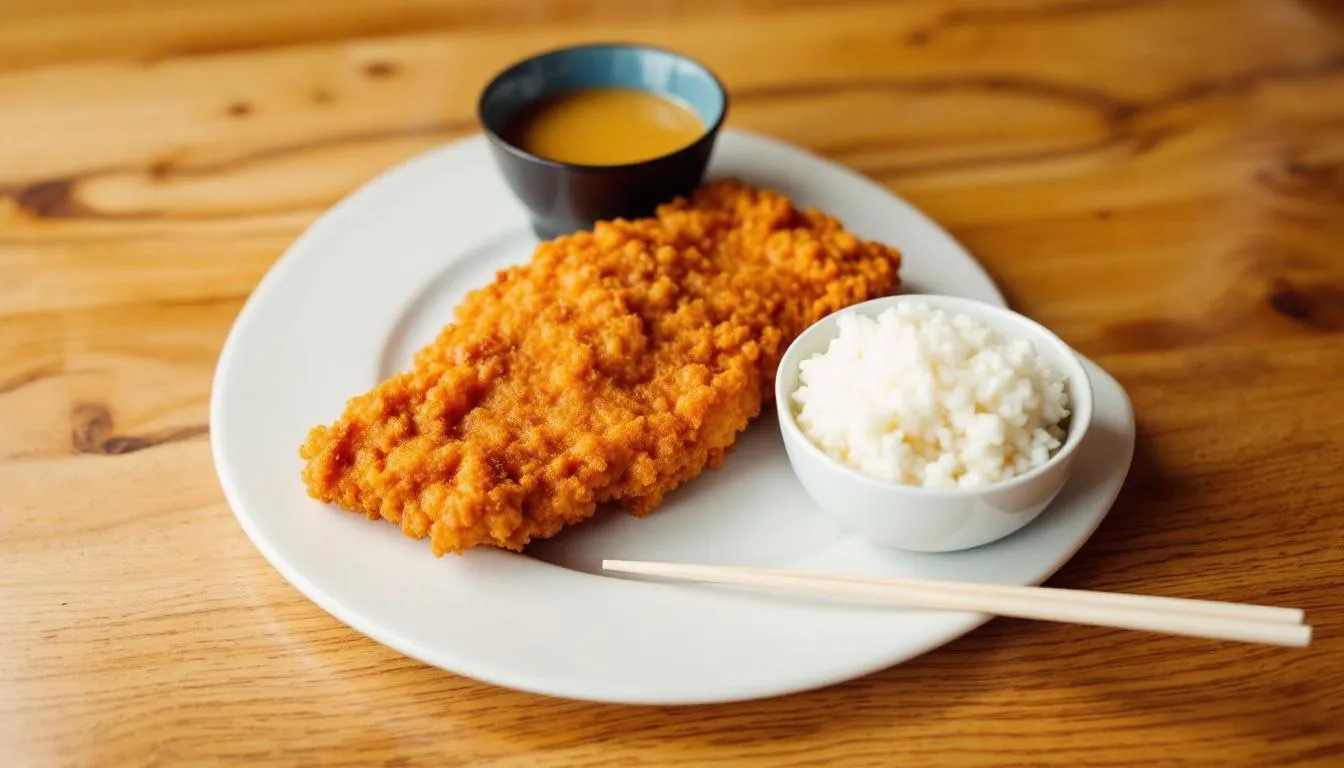Food In Japan - 12 A golden brown tonkatsu cutlet, which is a deep fried pork cutlet, is served alongside a bowl of steamed rice and a warm miso soup, showcasing traditional Japanese cuisine. The dish highlights the savory flavors typical of Japanese food culture and is a popular choice in Japanese restaurants.