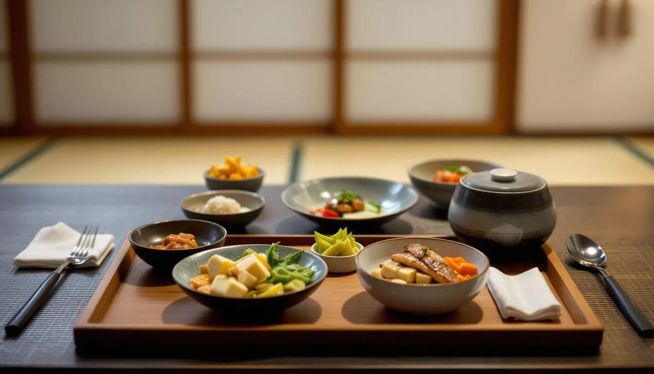 Food In Japan - 13 The image depicts a traditional Kyoto kaiseki meal featuring beautifully arranged seasonal dishes, including miso soup, grilled fish, and colorful pickled vegetables, showcasing the elegance of Japanese cuisine. This multi-course meal highlights the artistry of Japanese food culture, with each dish meticulously presented to reflect the flavors of the season.