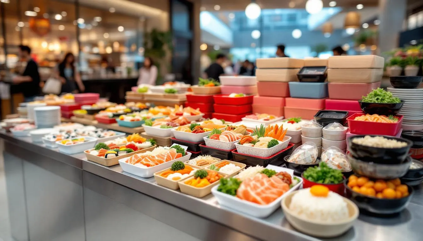 Food In Japan - 14 A vibrant assortment of bento boxes is displayed in a department store food court, showcasing a variety of traditional Japanese foods such as sushi rice, pickled vegetables, and deep-fried pork cutlet. The colorful presentation highlights the diversity of Japanese cuisine, inviting customers to explore these delicious Japanese dishes.