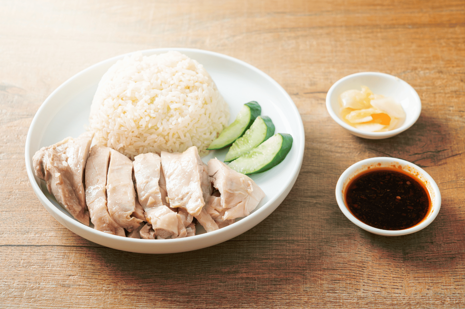 Poached chicken with cucumber garnish, seasoned rice, soy dipping sauce, and pickled ginger—classic Hainanese chicken rice plating featured in The Ultimate Hainanese Chicken Rice Recipe: A Deep Dive.