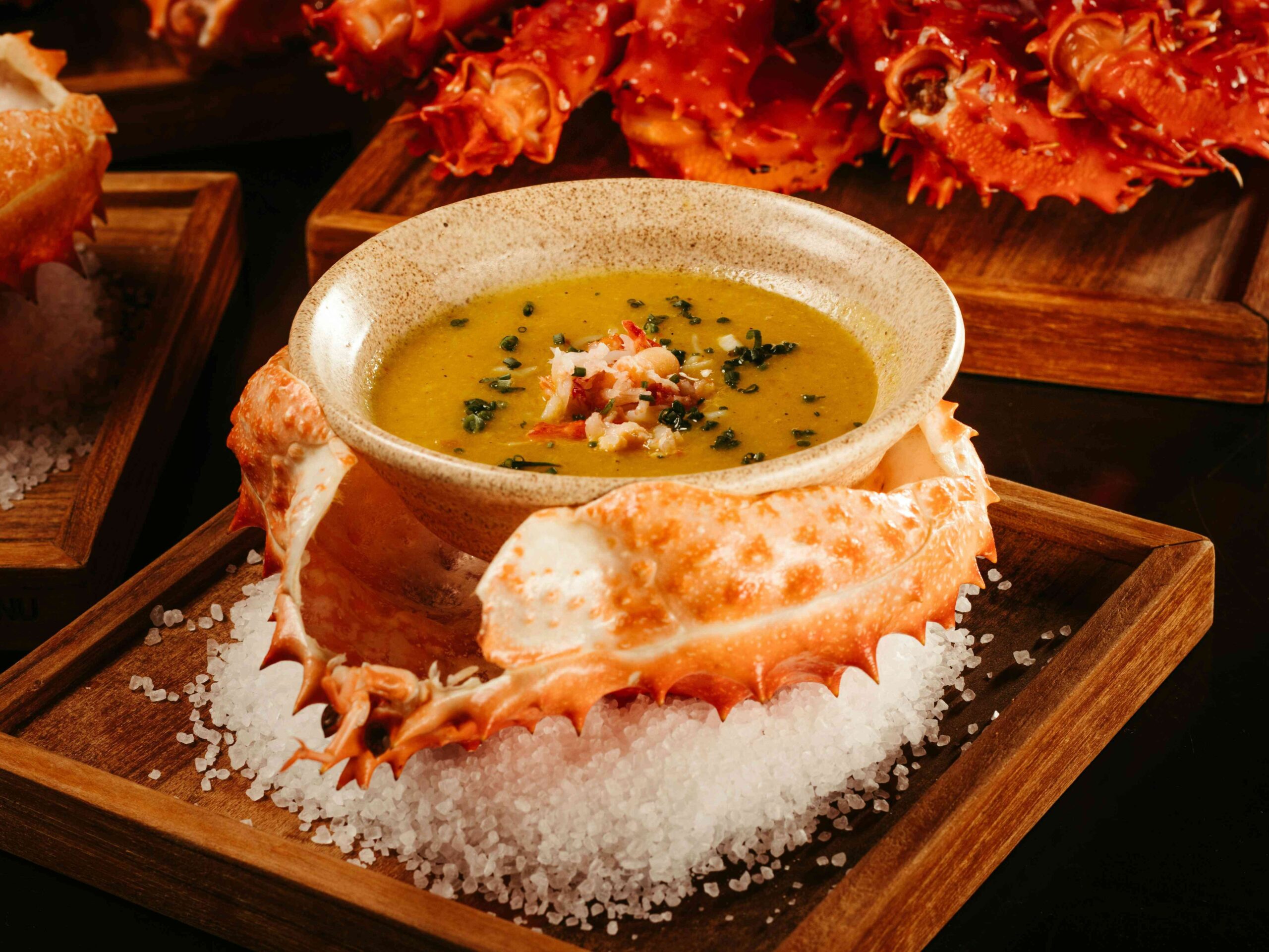 Hokkaido's Best Seaffod - 3 Crab soup, a popular crab dish presented on a crab shell on a salt bed.