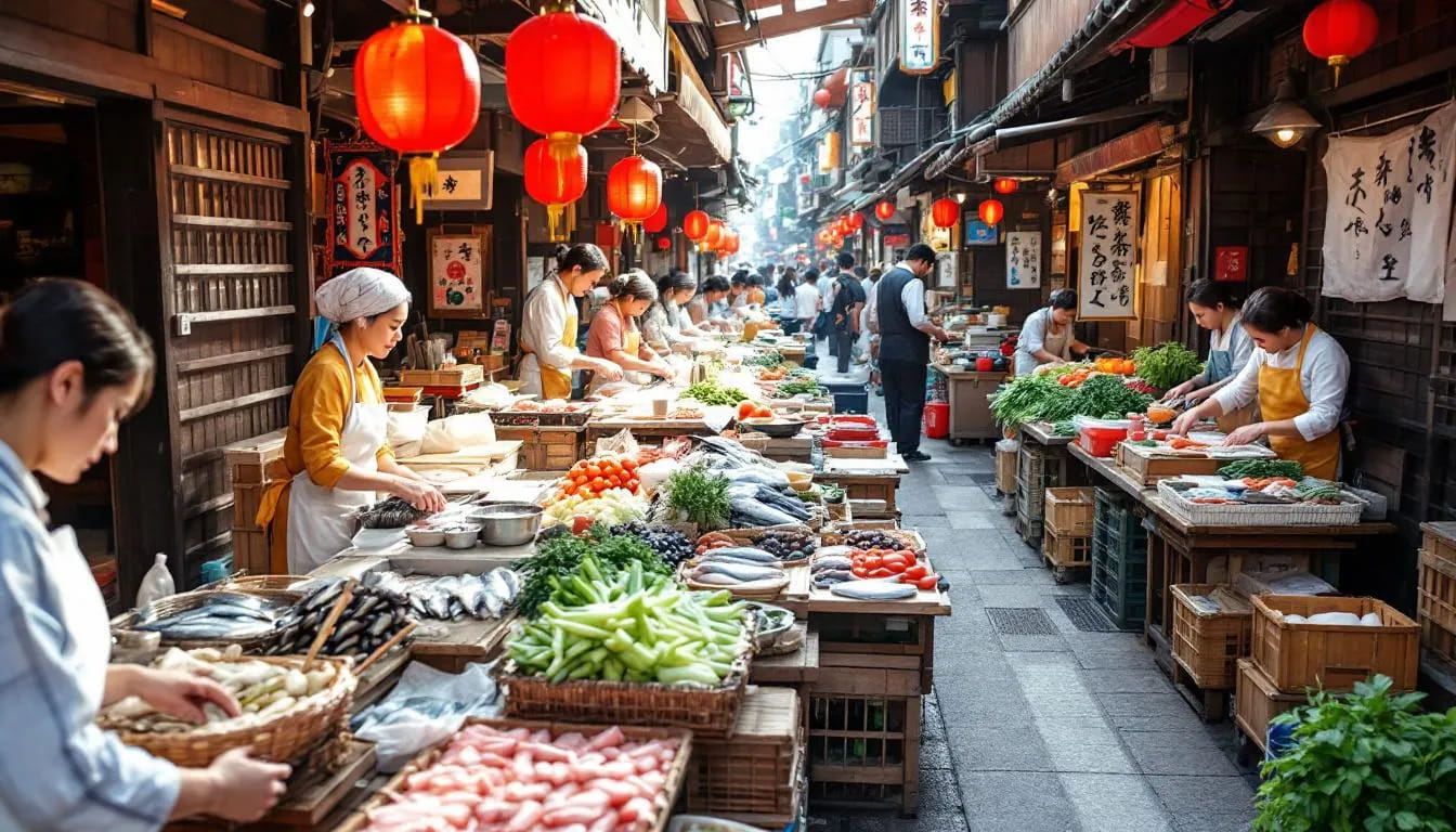 Japanese food in Japan - 1 The image depicts a lively traditional Japanese market scene with vendors busily preparing fresh seafood and vibrant vegetables. The atmosphere is filled with the enticing aromas of Japanese cuisine, showcasing a variety of colorful ingredients commonly used in dishes like miso soup, sushi, and soba noodles.