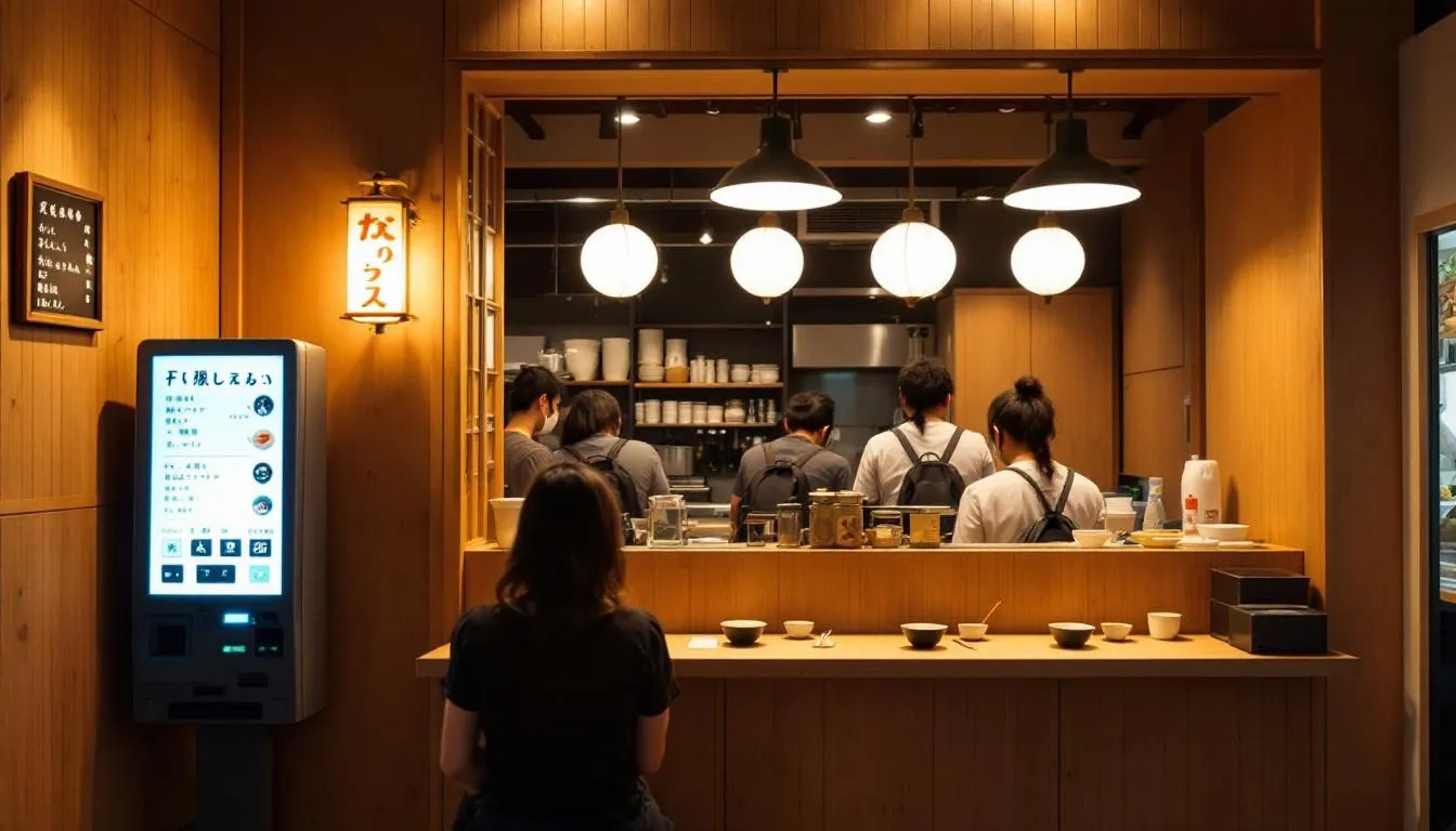 Japanese food in Japan - 4 The image depicts a typical ramen shop interior in Japan, featuring customers seated at the counter, with a ticket machine visible near the entrance. The warm ambiance reflects traditional Japanese culture, inviting patrons to enjoy delicious noodle soup and other popular Japanese dishes.