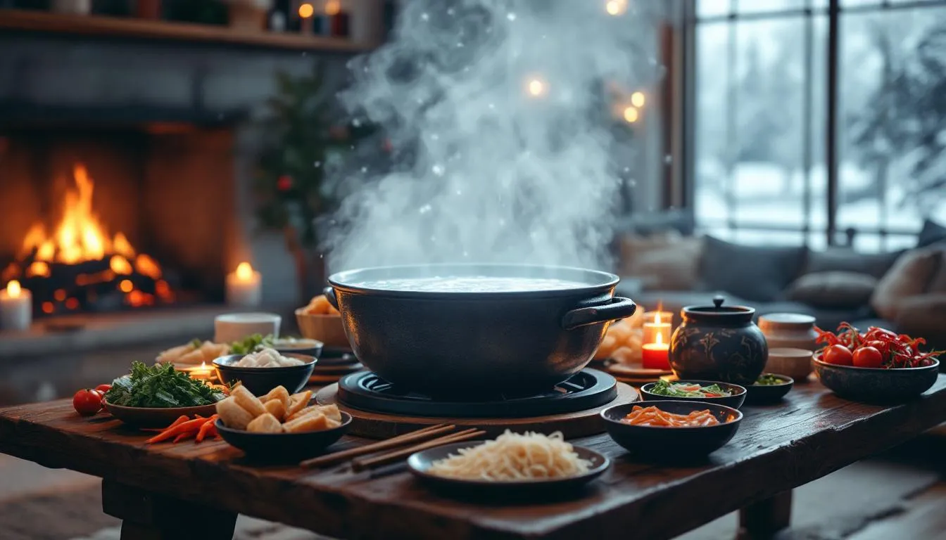 Japanese food in Japan - 7 The image depicts a traditional winter scene featuring a steaming hot pot at the center of a table, surrounded by an array of fresh ingredients such as vegetables, thinly sliced meat, and rice balls, all highlighting the essence of Japanese cuisine. This cozy setting invites you to enjoy a warm meal reminiscent of traditional Japanese food during the colder months.