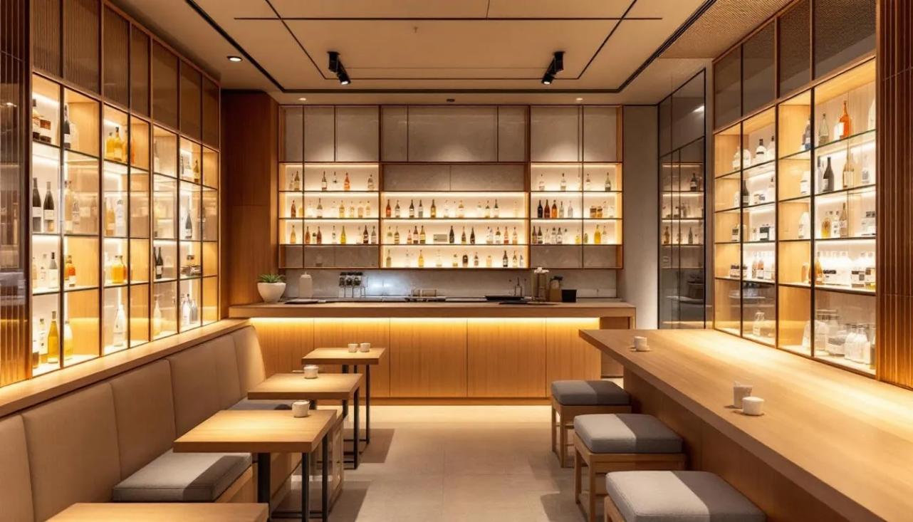 Rice WIne - 5 The image depicts a modern sake bar in an Asian city, featuring a sleek interior design with elegantly displayed bottles of premium sake, showcasing various types of Japanese rice wine. The ambiance reflects a blend of contemporary style and traditional Japanese culture, inviting patrons to enjoy the refreshing taste of cold sake or the warmth of hot sake in a cozy setting.