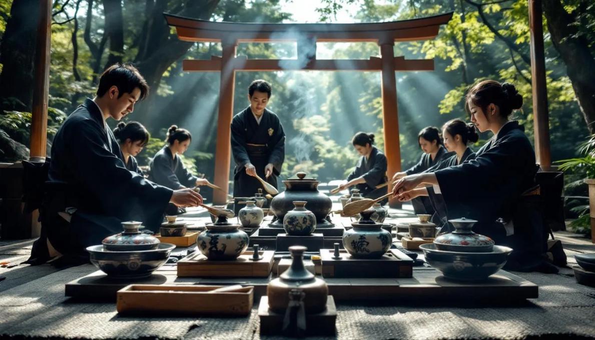 Rice WIne - 6 The image depicts a traditional Japanese shrine ceremony featuring ceremonial vessels adorned with offerings of sake, including premium and sweet sake. This cultural event highlights the significance of rice wine in Japanese culture, showcasing a rich array of flavors and the artistry of sake brewing.