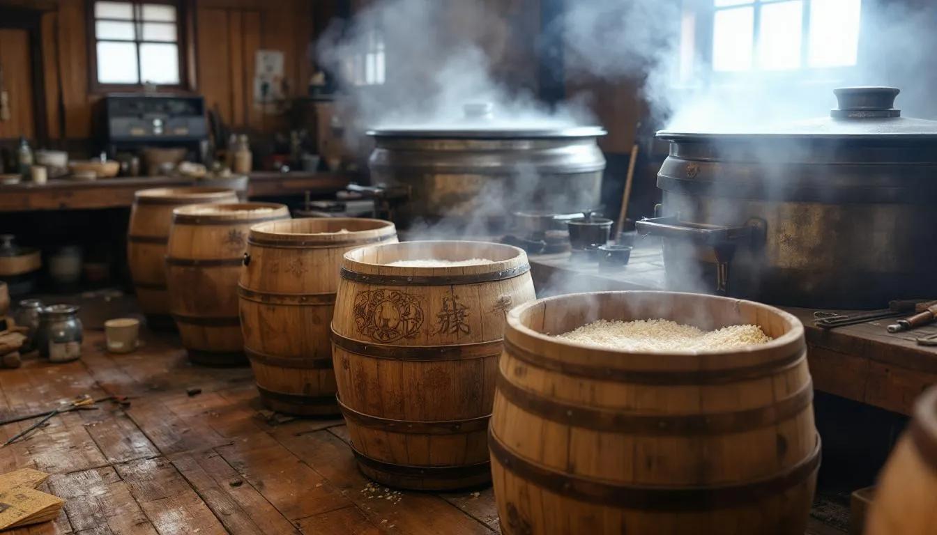 Rice WIne - 7 The image showcases traditional sake brewing equipment, featuring wooden barrels and steam rising from rice cookers, highlighting the intricate brewing process of Japanese rice wine. This scene reflects the rich culture of sake production, emphasizing the craftsmanship involved in creating premium sake.
