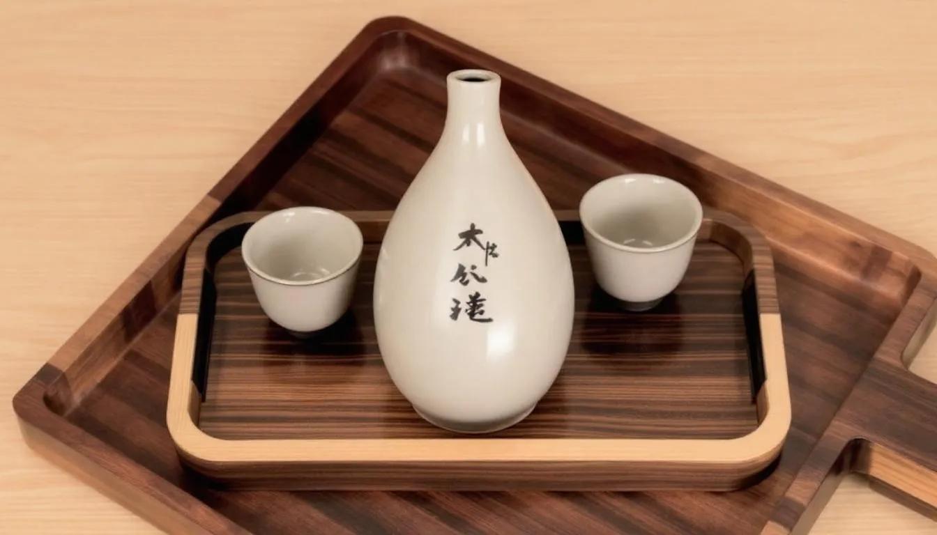 Rice WIne - 8 A traditional sake serving set features a ceramic tokkuri flask and ochoko cups elegantly arranged on a wooden tray, showcasing the artistry of Japanese culture. This setup is perfect for enjoying premium sake, whether served hot or cold, highlighting the rich flavors of this brewed alcoholic beverage.