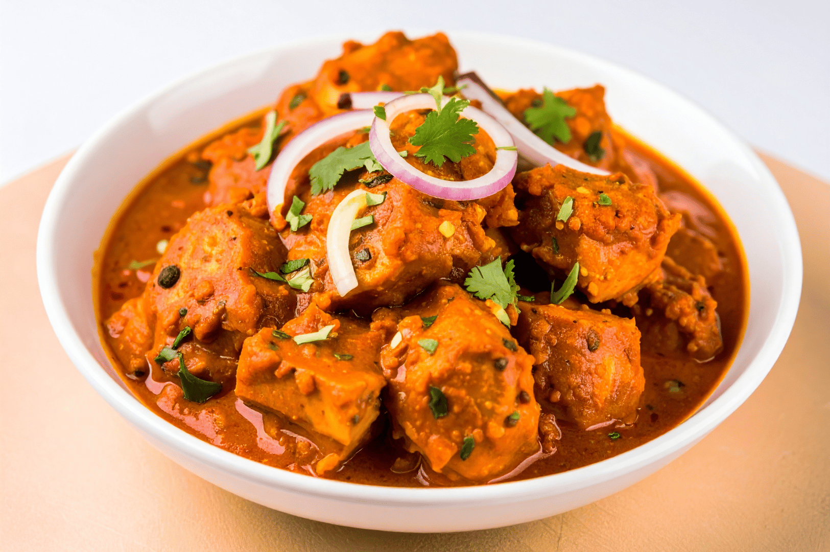 Close-up of tender chicken pieces in a deep red curry sauce, garnished with onion rings and cilantro, representing slow-cooked flavors in South Asian cuisine.