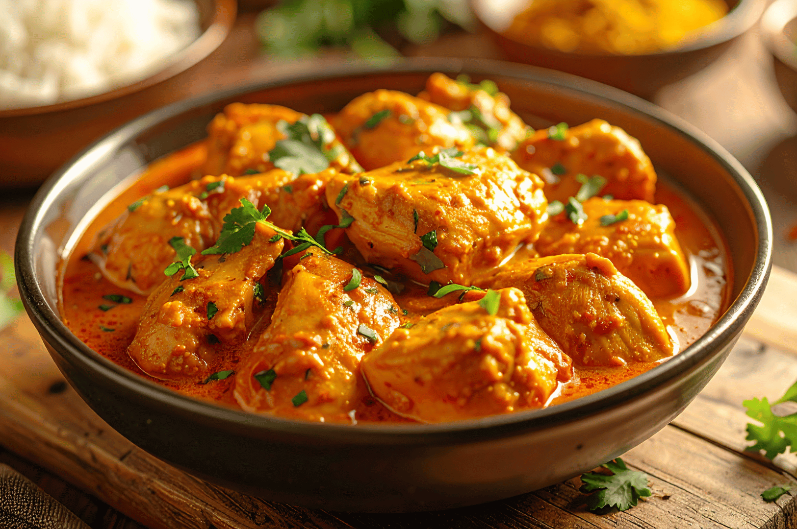 Bowl of chicken tikka masala with tender chunks in a rich orange curry, garnished with fresh cilantro, highlighting slow-cooked flavor.