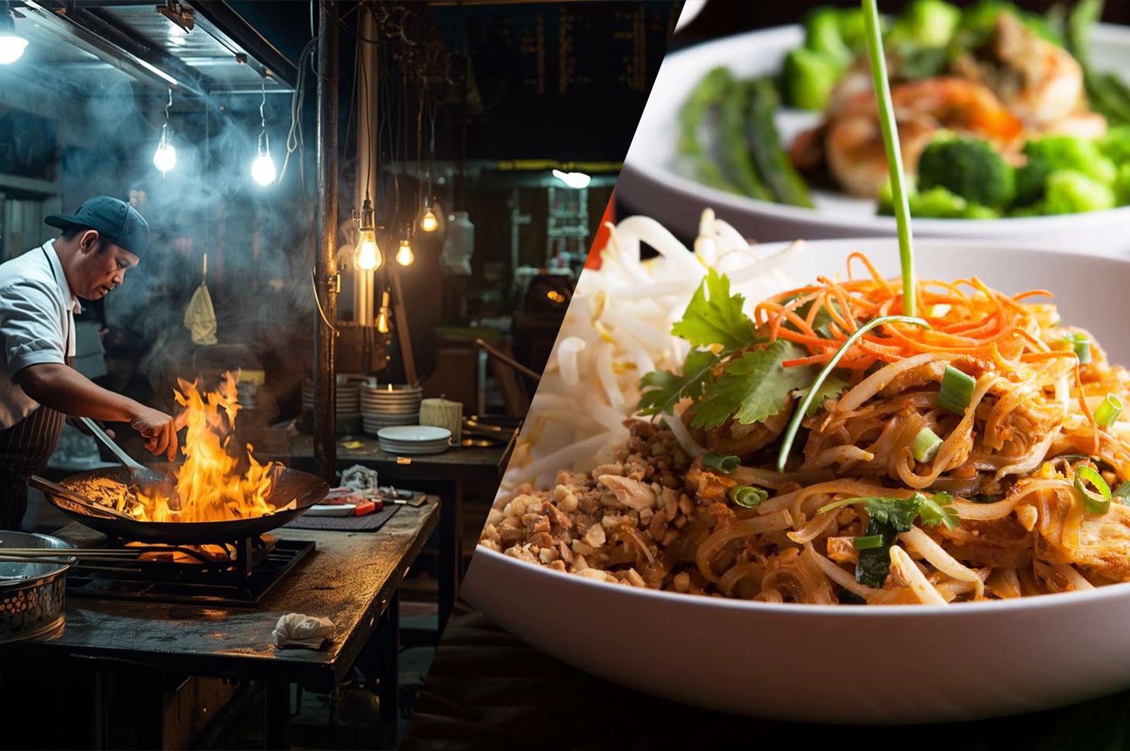 A split image showing a street food chef stir-frying with a large flame in a wok next to a close-up of a finished plate of Pad Thai with peanuts and bean sprouts.