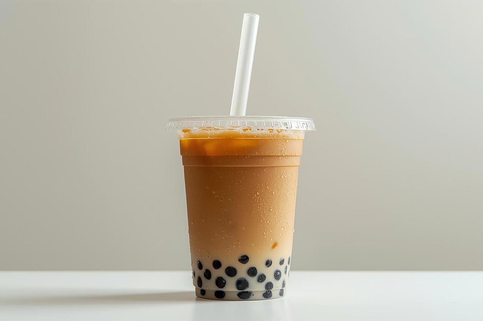 Iced brown milk tea with black tapioca pearls (boba) in a clear plastic cup with a white straw against a light gray background.