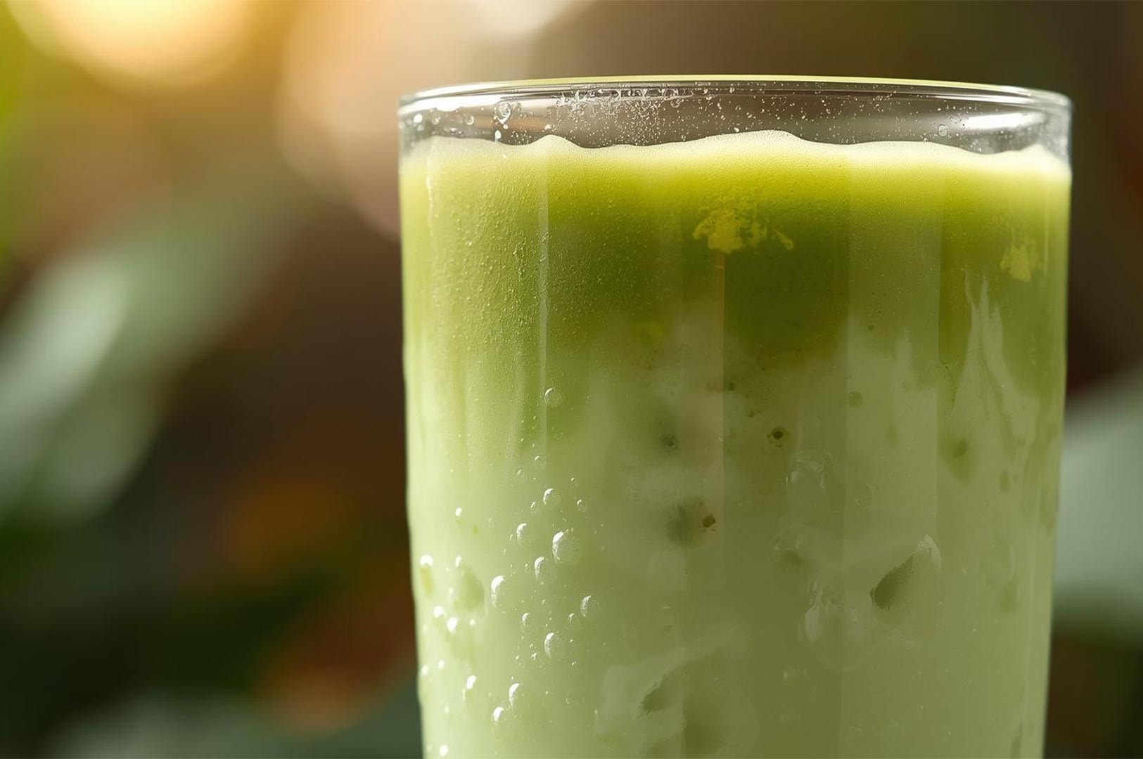 Extreme close-up of a tall glass of iced matcha green tea latte with foamy bubbles.