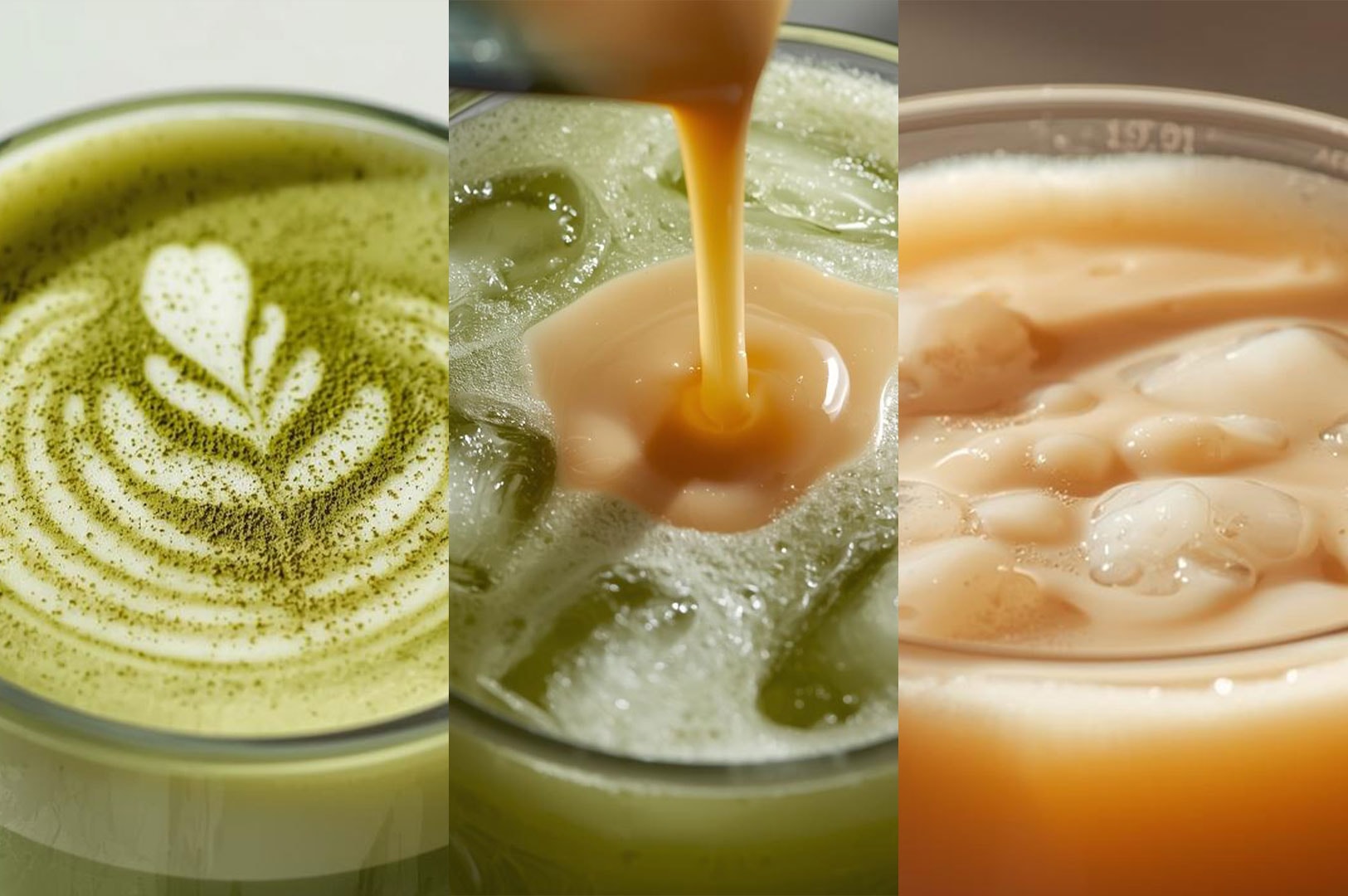 A three-panel collage featuring a top-down view of matcha latte foam art, a stream of milk tea being poured over ice, and a macro shot of an iced beverage surface.
