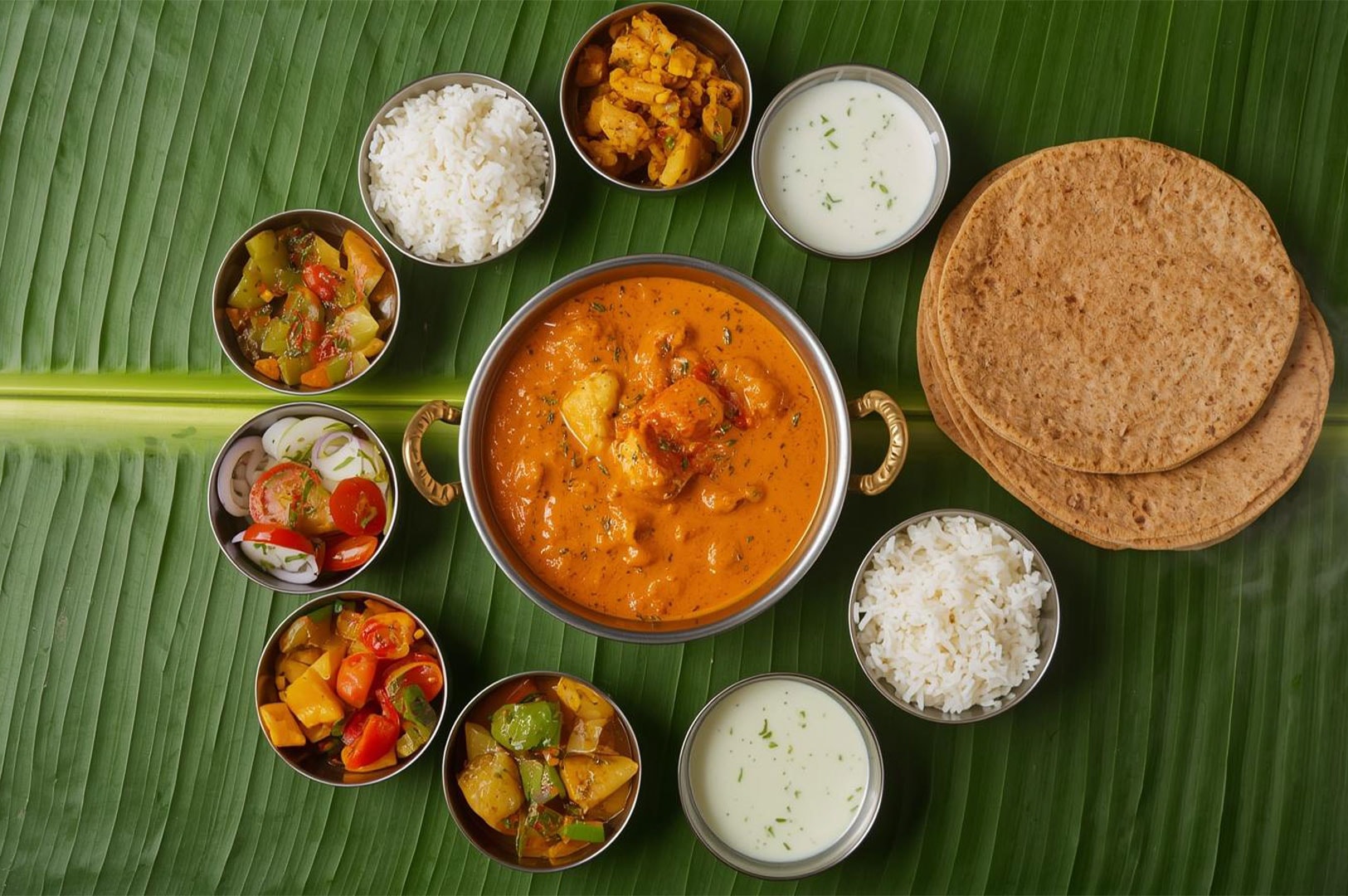 Top-down view of a complete Indian Thali meal served on a green banana leaf, featuring a central bowl of chicken curry surrounded by small bowls of rice, raita, vegetable sabzi, and whole wheat chapatis.