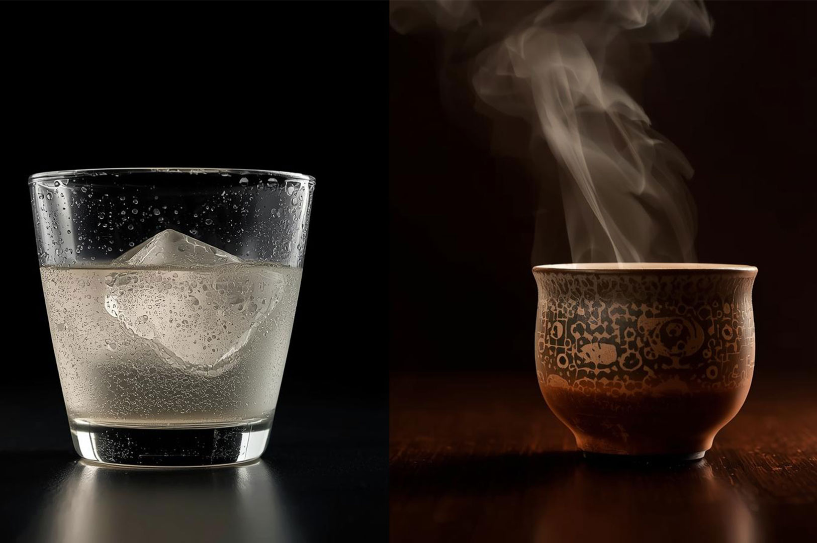 4-cold-cocktail-hot-sake-tea-comparison Split image comparing a glass with a cold, clear drink and a large ice cube on the left, and a ceramic cup with rising steam (hot drink, likely hot sake or tea) on the right.