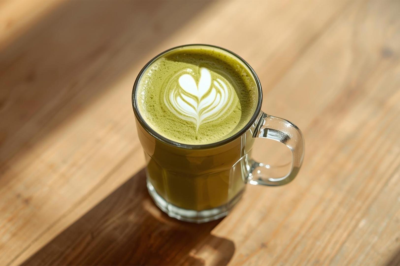Overhead shot of a hot matcha green tea latte in a clear mug with white foam latte art shaped like a heart, resting on a wooden table.