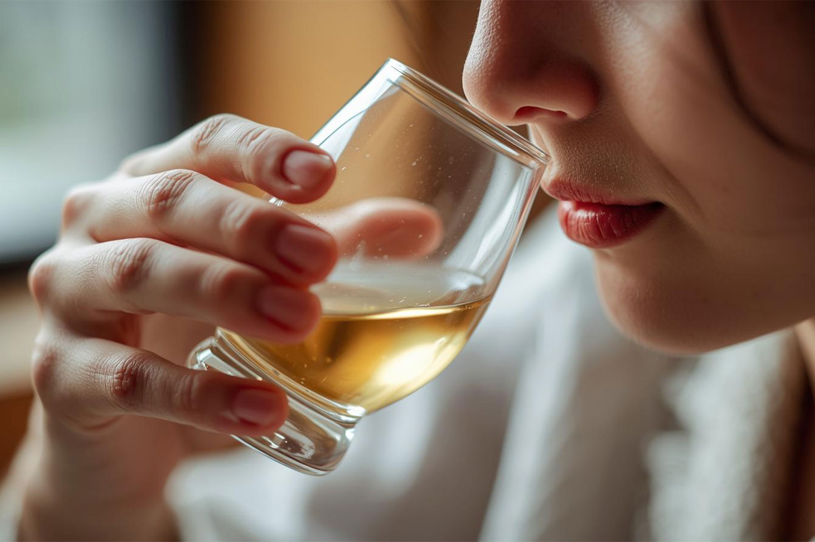 5-person-tasting-sipping-golden-liquid-in-glass Close-up of a woman's lower face and hand as she sips or tastes a small glass of golden amber liquid (e.g., sake, whiskey, or liquor).