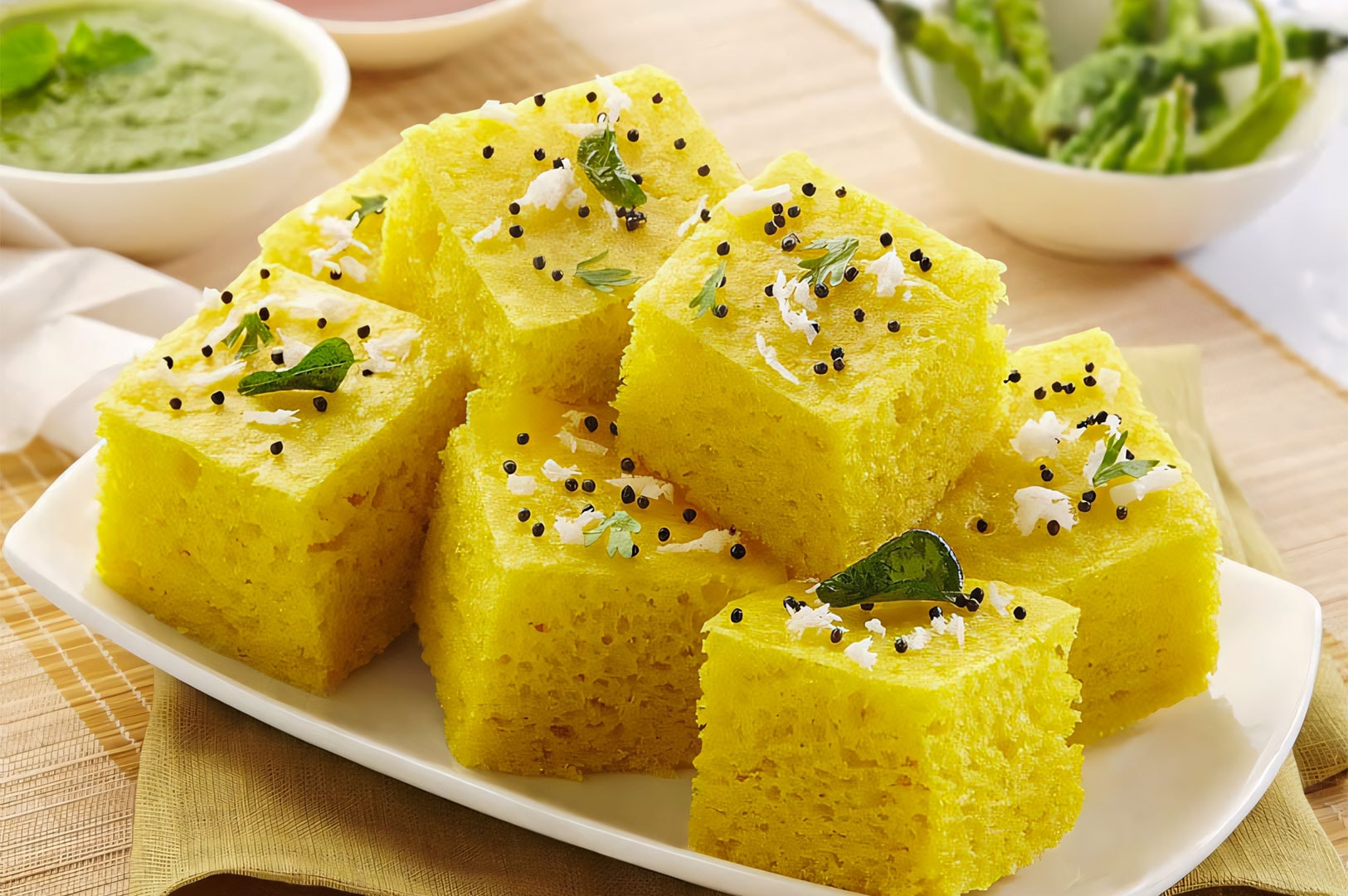 Platter of yellow, spongy Khaman Dhokla cubes garnished with mustard seeds and coconut, served with a side of green mint chutney and fried chilies.