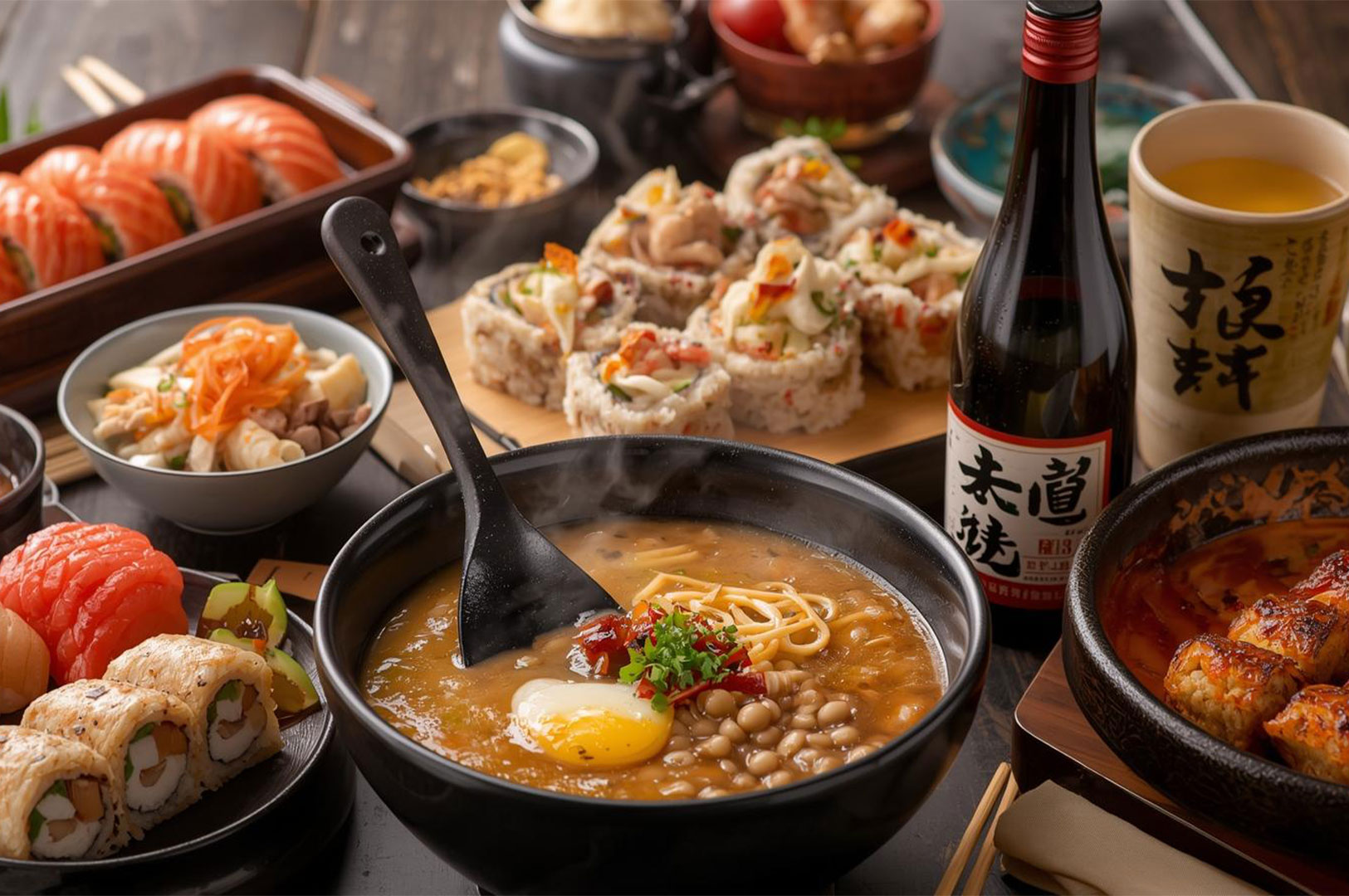 6-japanese-dinner-spread-sushi-ramen-sake A rich, dark-themed spread of Japanese food, including a bowl of ramen/stew with an egg, various sushi rolls, sashimi, and a bottle of sake in the background.