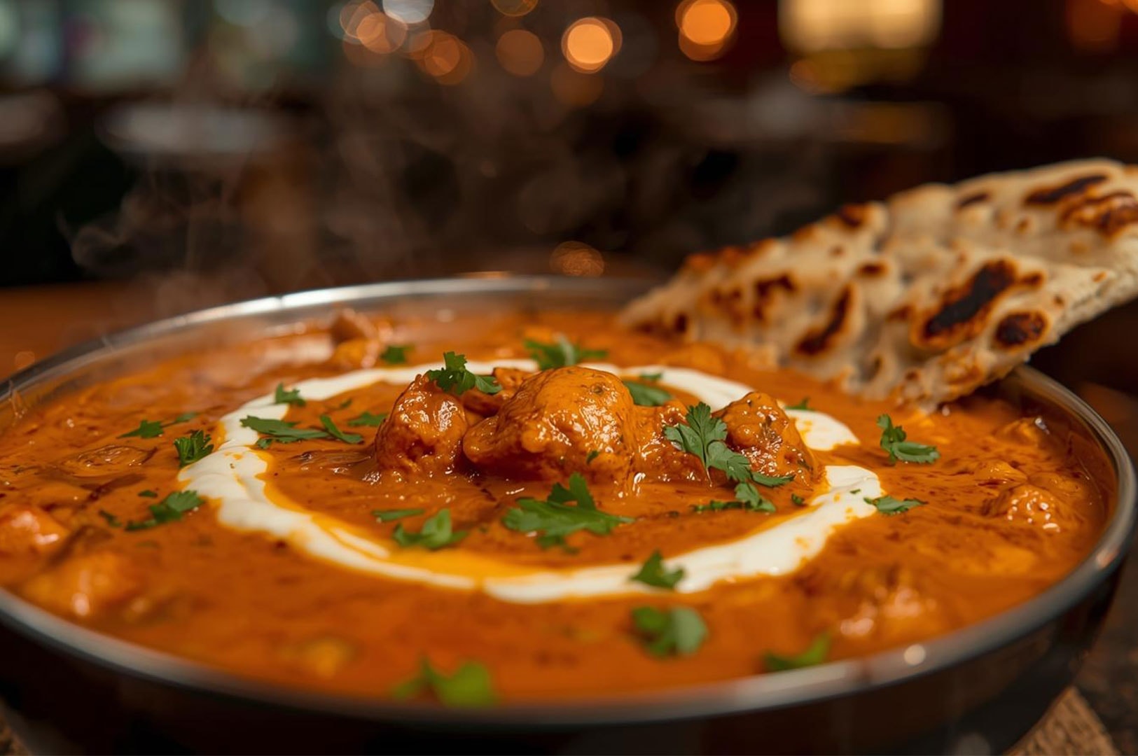A close-up, high-quality shot of a bowl of rich, creamy Chicken Tikka Masala garnished with fresh cilantro and a swirl of cream, served with garlic naan bread in a restaurant setting.
