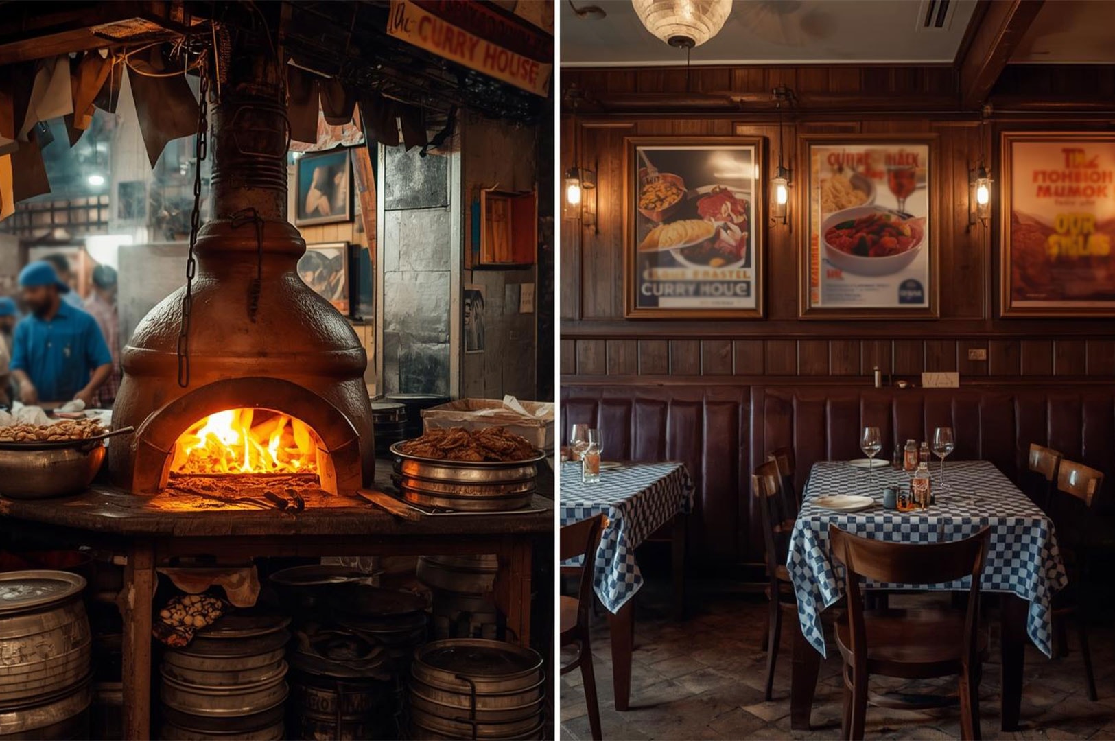 A split image showing the cooking atmosphere: the left side displays a traditional clay Tandoor oven with open flames, and the right side shows a cozy, rustic Indian restaurant dining room with checkered tablecloths.