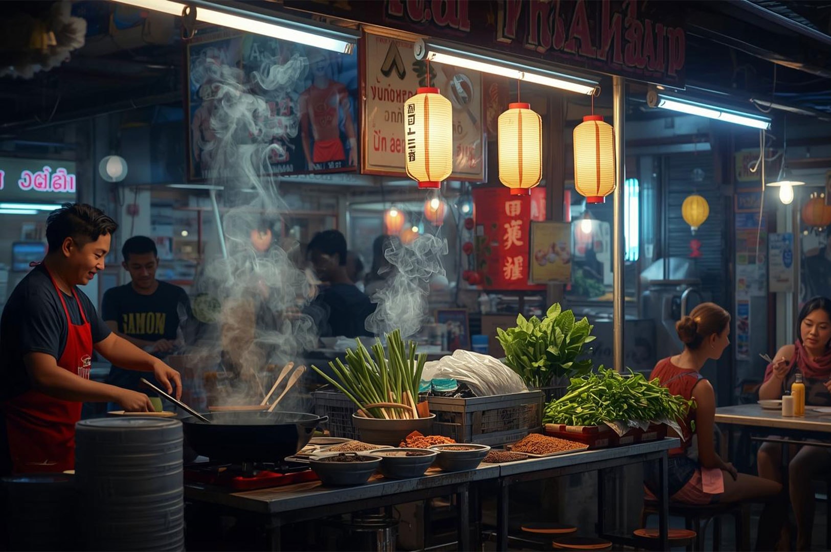 A chef preparing food on a wok at a bustling nighttime Thai street food market with paper lanterns hanging above.