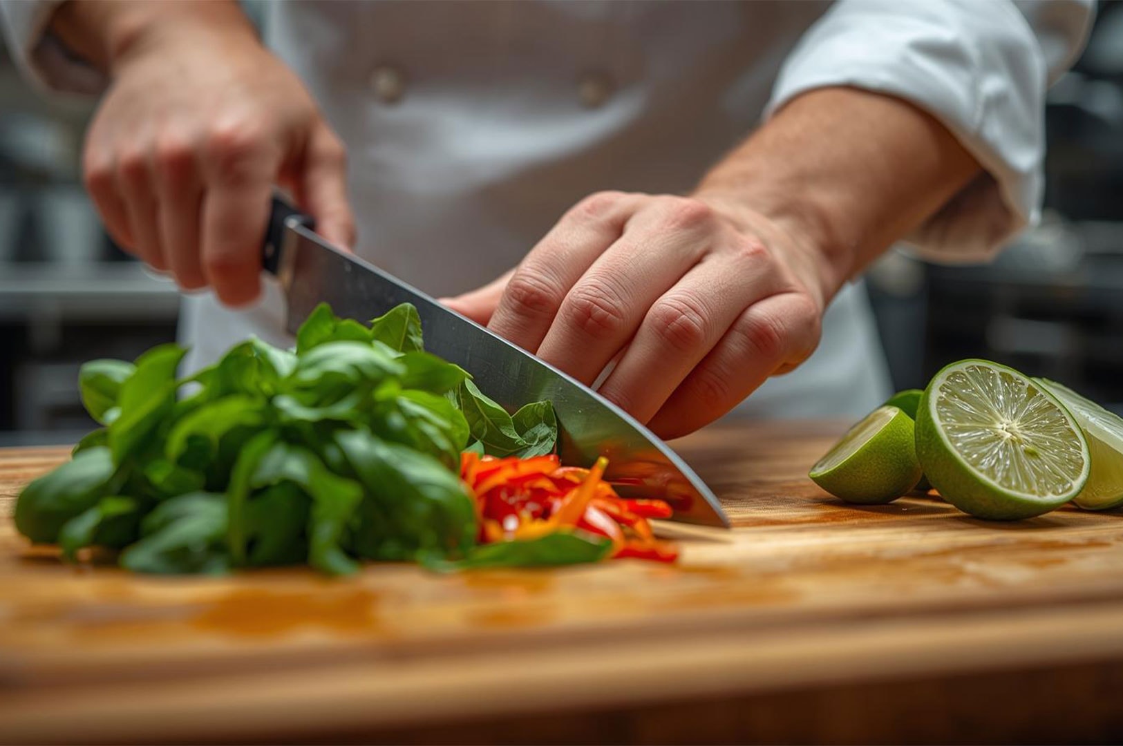 Close-up of a chef in a white coat chopping fresh green basil and sliced red peppers on a wooden cutting board next to halved limes.