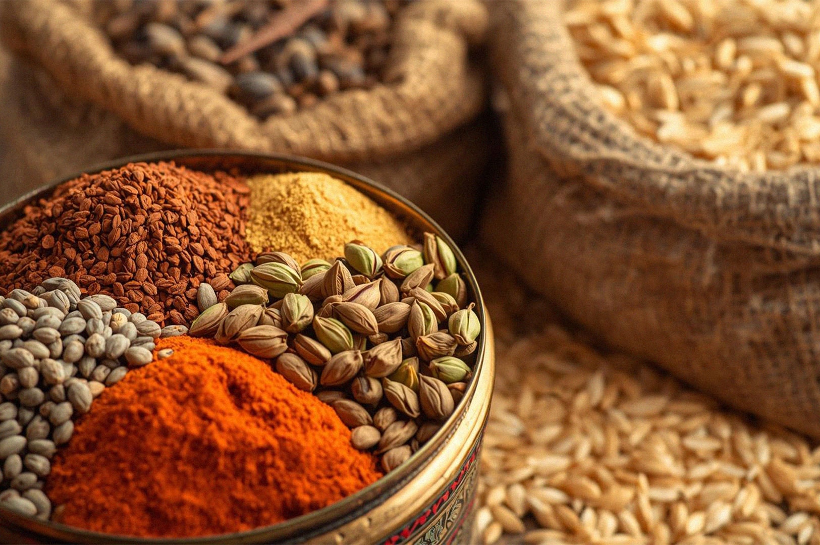 Close-up arrangement of various Indian cooking ingredients, including red chili powder, coriander seeds, and grains displayed in rustic bowls and jute sacks.