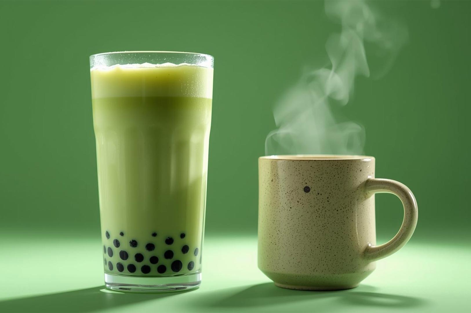 A tall glass of cold matcha bubble tea next to a steaming, speckled ceramic mug of hot matcha tea, all set on a vibrant green background.