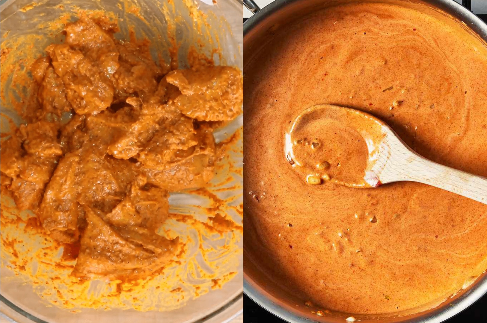 A step-by-step cooking collage showing raw chicken pieces coated in a thick red yogurt marinade in a glass bowl, alongside a stainless steel pot filled with simmering, smooth orange curry sauce.