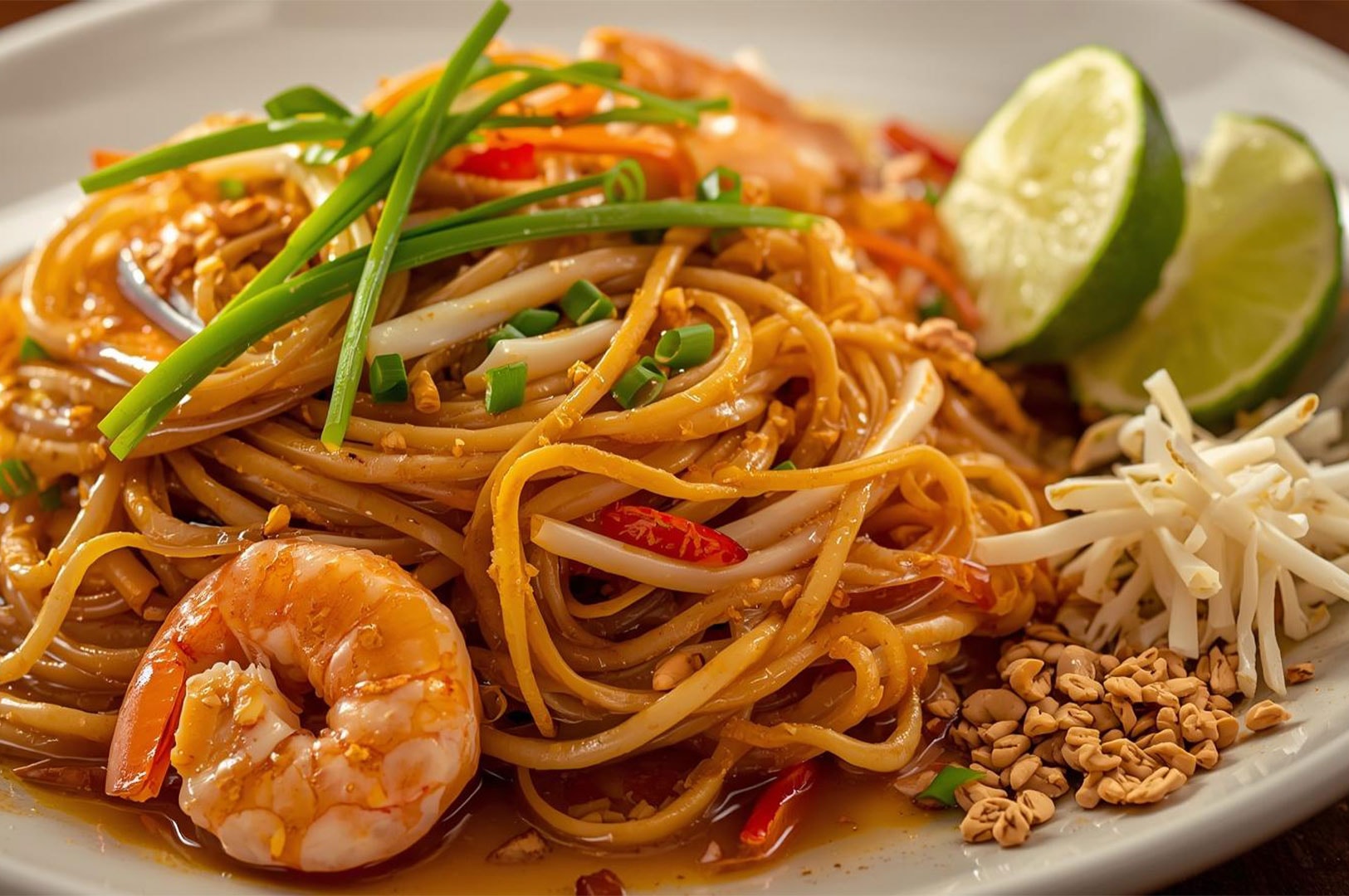 Close-up view of authentic shrimp Pad Thai noodles garnished with fresh lime wedges, bean sprouts, crushed peanuts, and garlic chives.