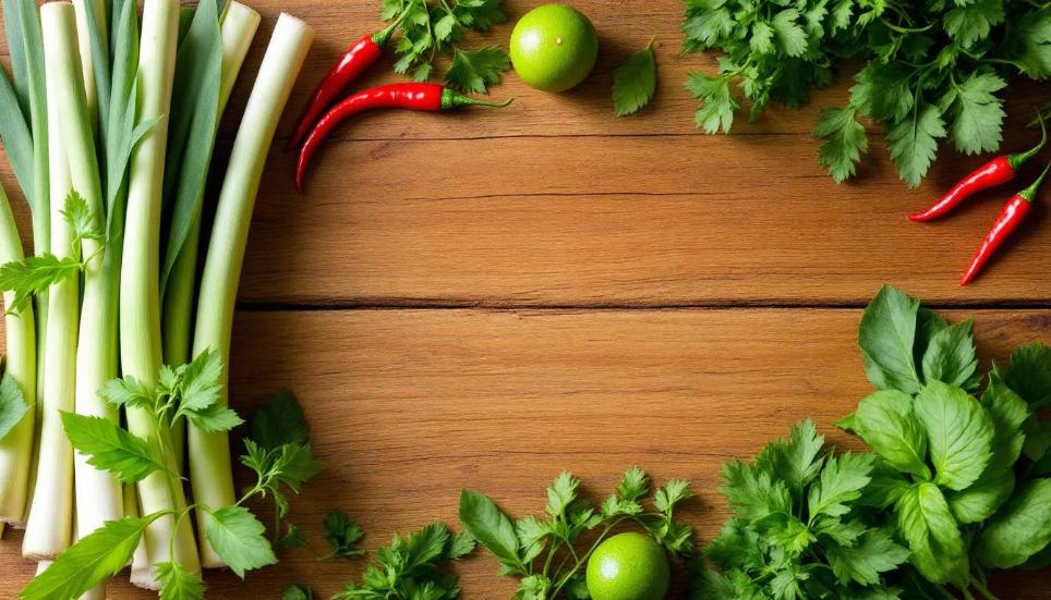 The image showcases a variety of traditional Thai ingredients beautifully arranged on a wooden table, including fresh lemongrass, vibrant chilies, aromatic lime leaves, and an assortment of herbs, all essential for cooking authentic Thai dishes. This colorful display highlights the rich flavors and ingredients that define Thai cuisine.