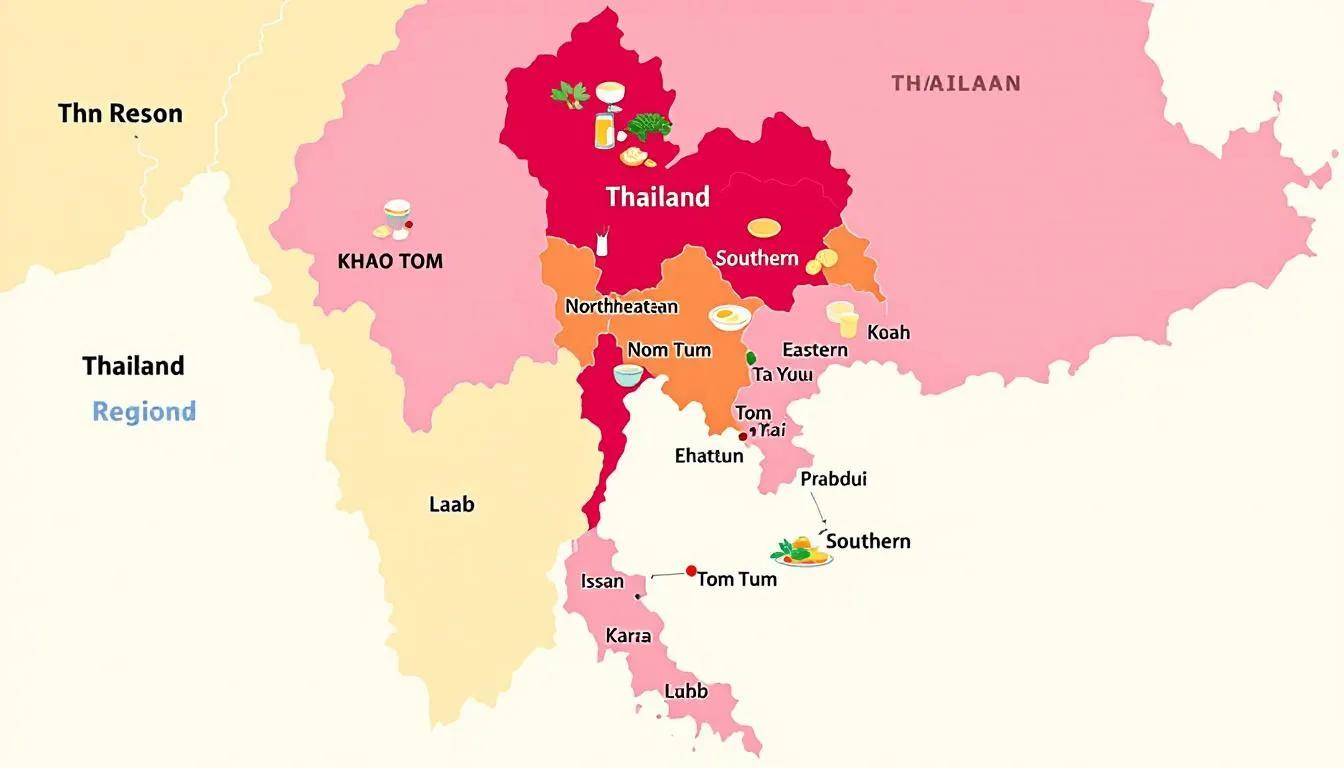 The image features a detailed map of Thailand illustrating various regional cooking styles, highlighting traditional Thai dishes such as pad thai, green papaya salad, and tom yum soup. Each area is marked with its unique culinary specialties, showcasing the rich diversity of Thai cuisine, including ingredients like coconut milk and fish sauce.